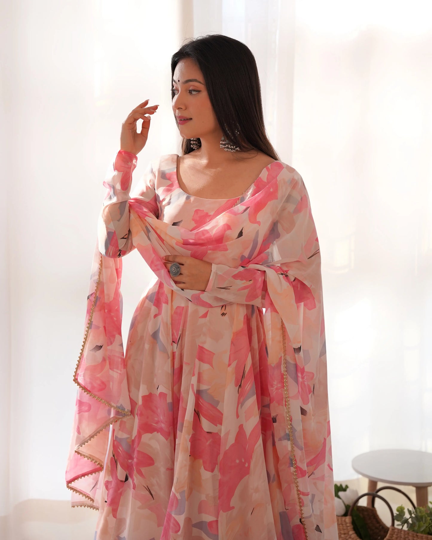 Light pink multi-color floral print georgette Anarkali dress with dupatta