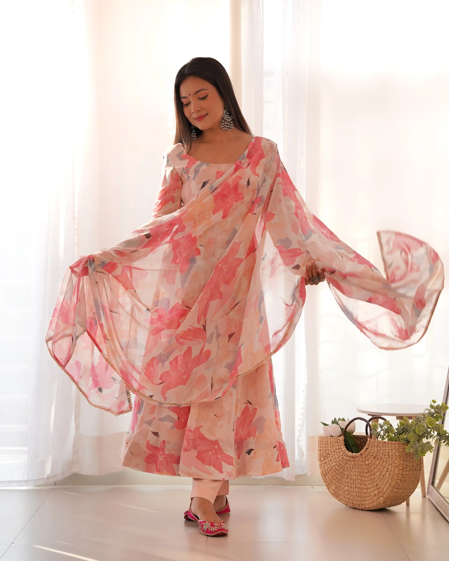 Light pink multi-color floral print georgette Anarkali dress with dupatta