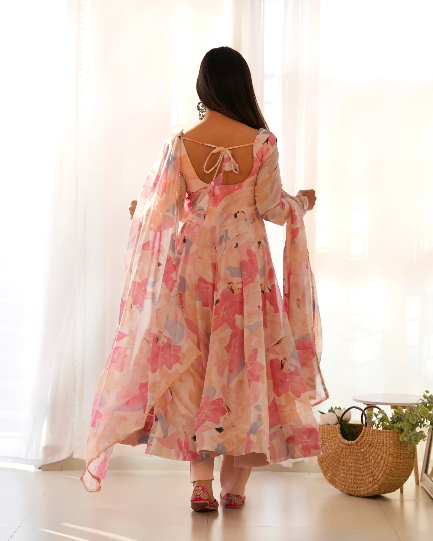 Light pink multi-color floral print georgette Anarkali dress with dupatta