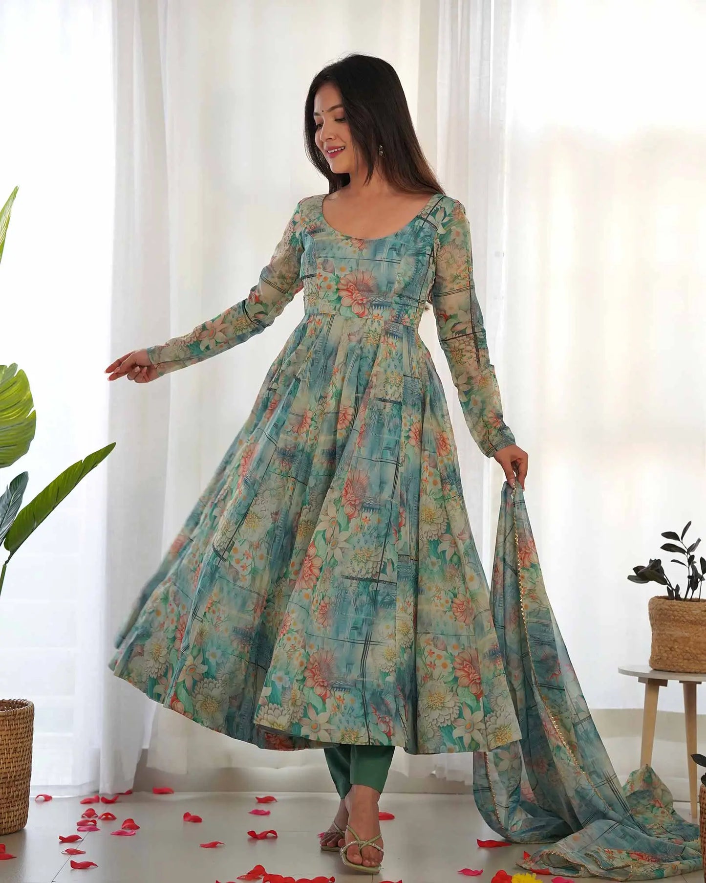 Blue-green organza dress with multi-colored floral print
