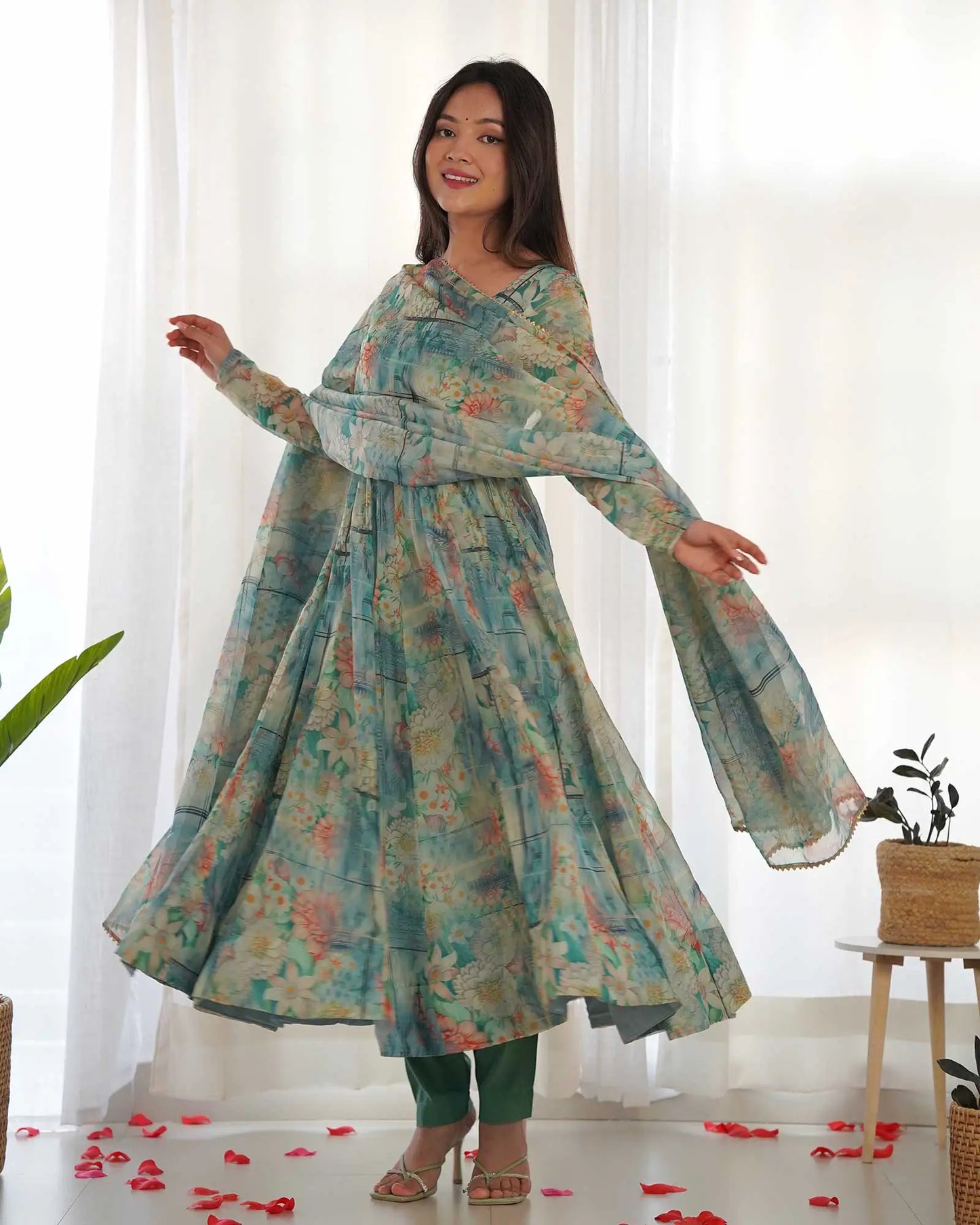 Blue-green organza dress with multi-colored floral print