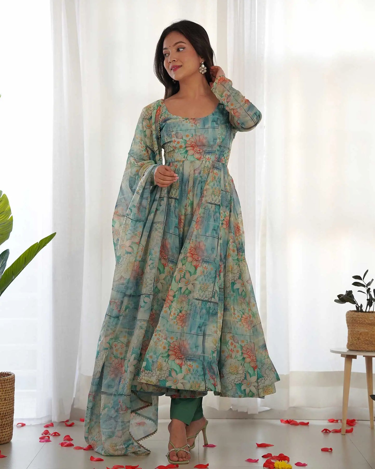 Blue-green organza dress with multi-colored floral print