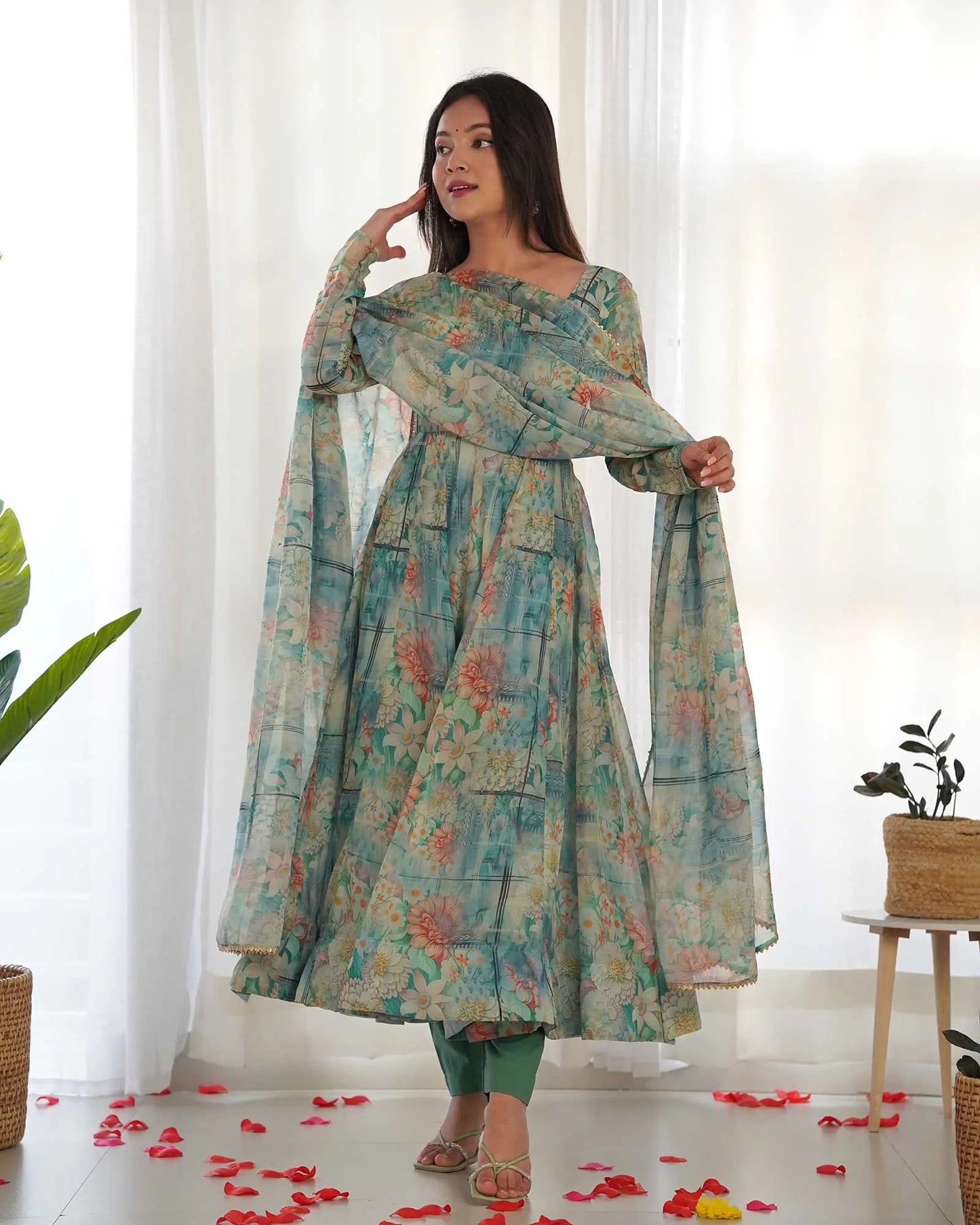 Blue-green organza dress with multi-colored floral print