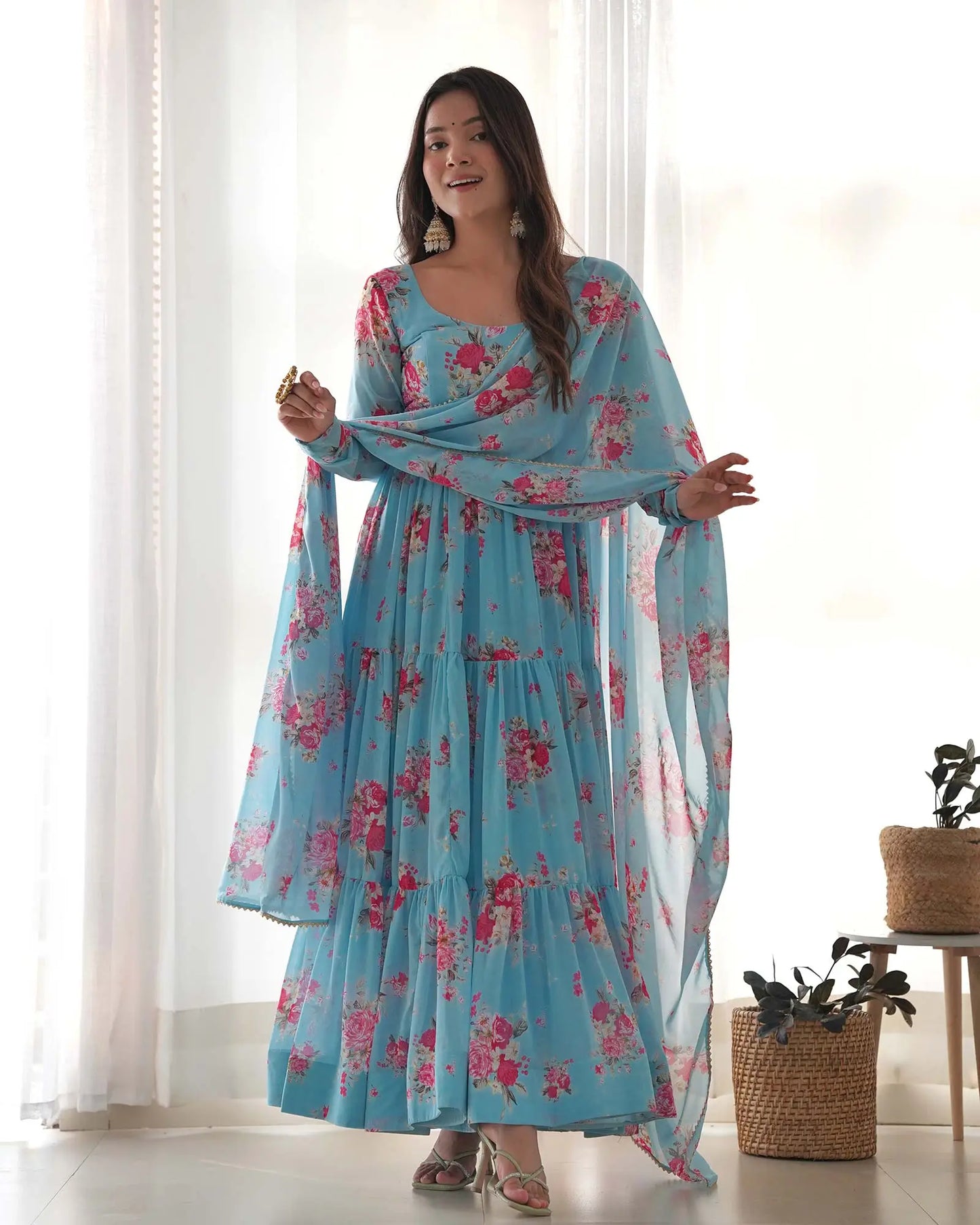 Sky blue floral printed georgette maxi dress with dupatta