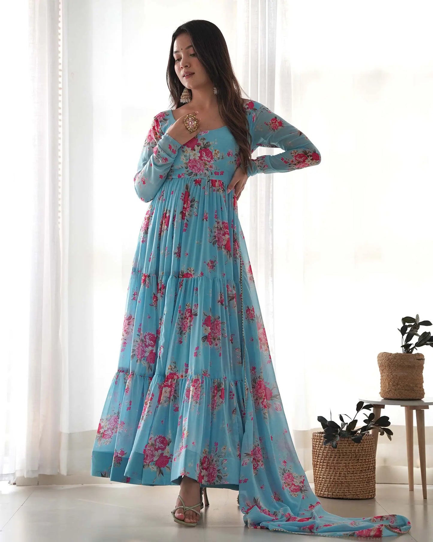 Sky blue floral printed georgette maxi dress with dupatta