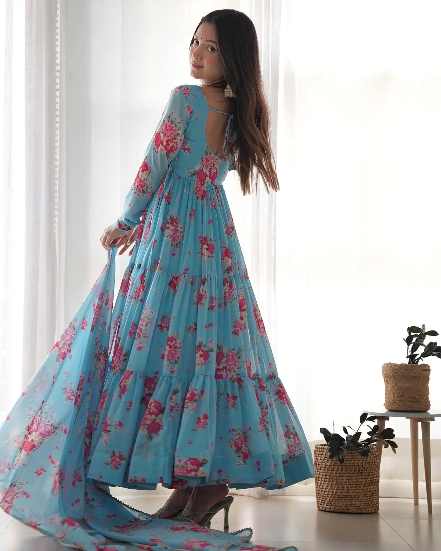 Sky blue floral printed georgette maxi dress with dupatta