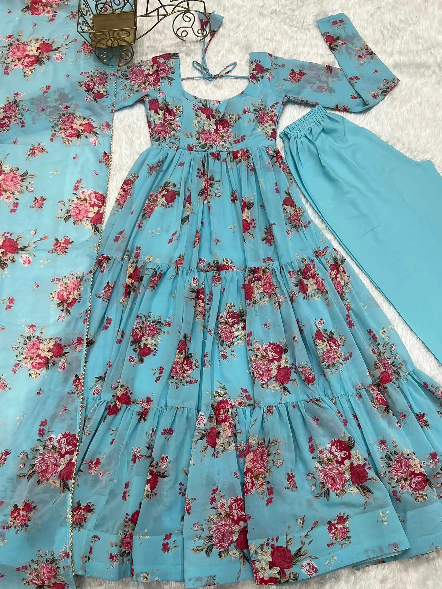 Sky blue floral printed georgette maxi dress with dupatta
