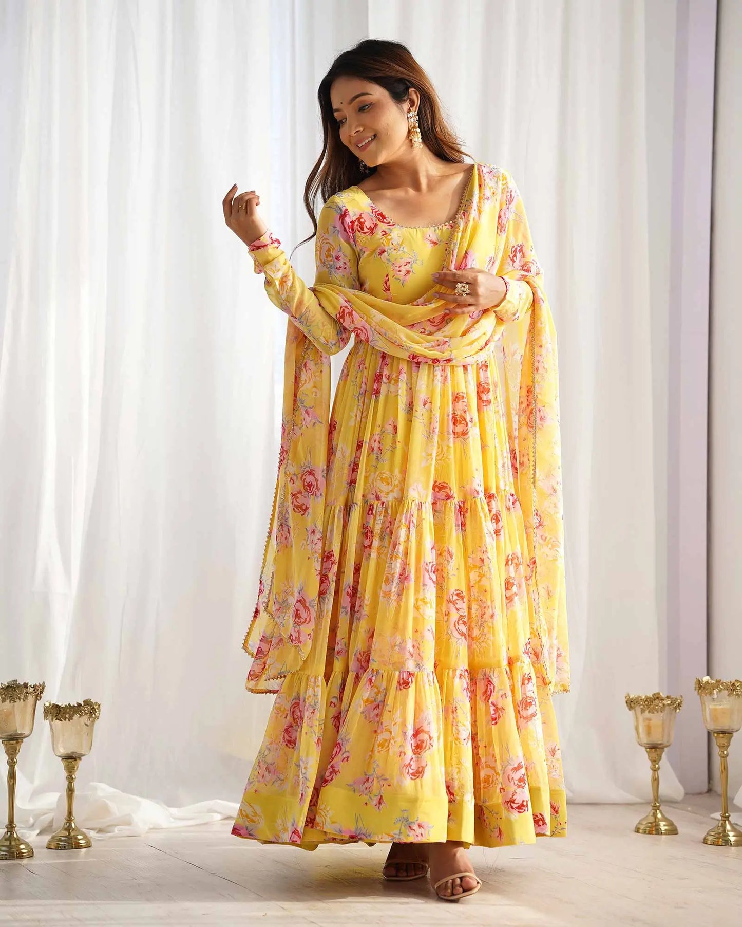 Yellow floral print georgette maxi dress with dupatta