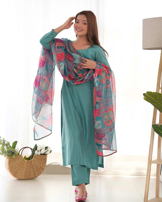 Salwar suit droit en viscose bleu scarabée avec dupatta imprimé floral multicolore