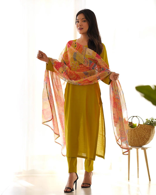 Salwar suit droit en viscose jaune foncé avec dupatta imprimé floral multicolore