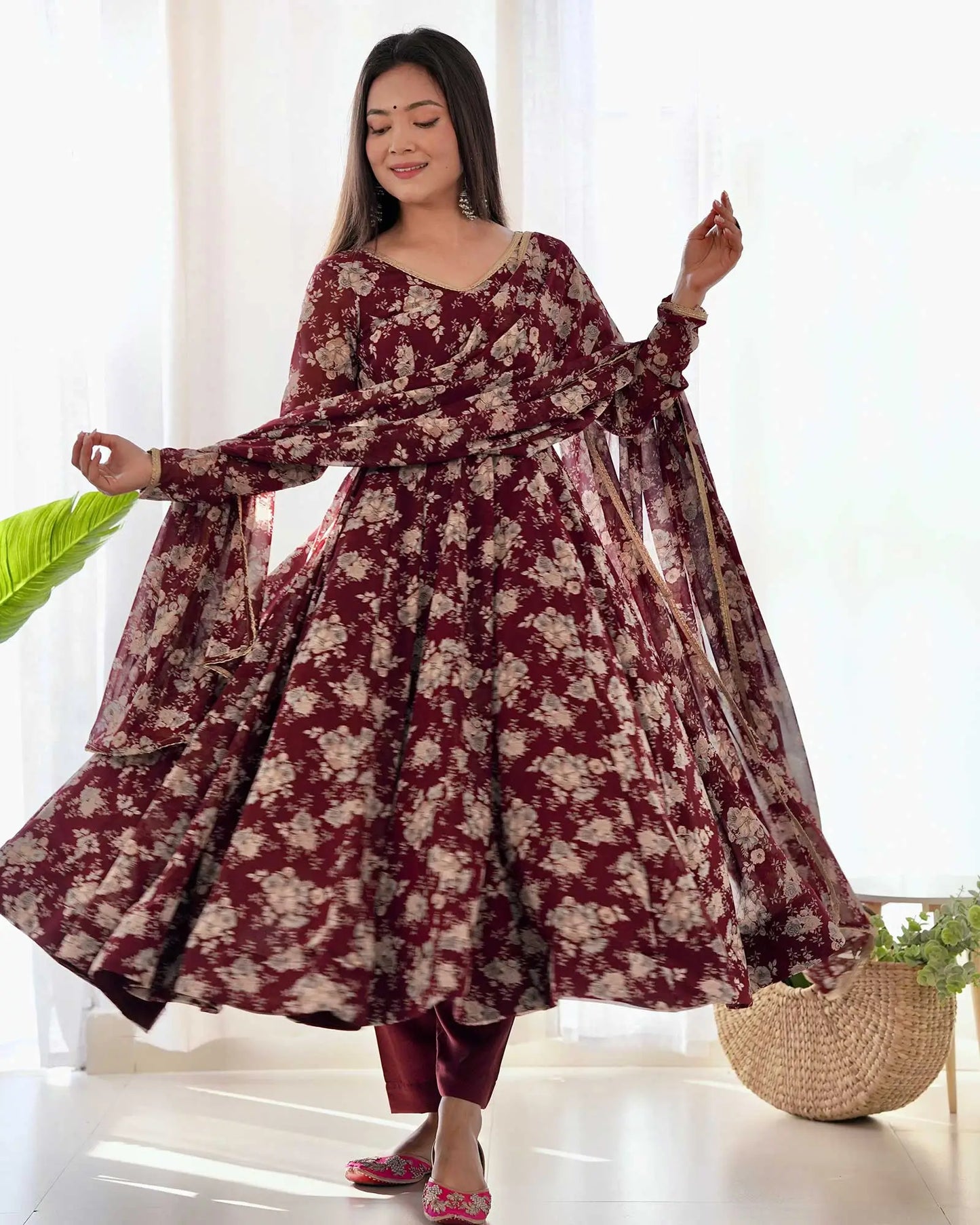 Dark burgundy georgette multi floral print Anarkali dress with dupatta