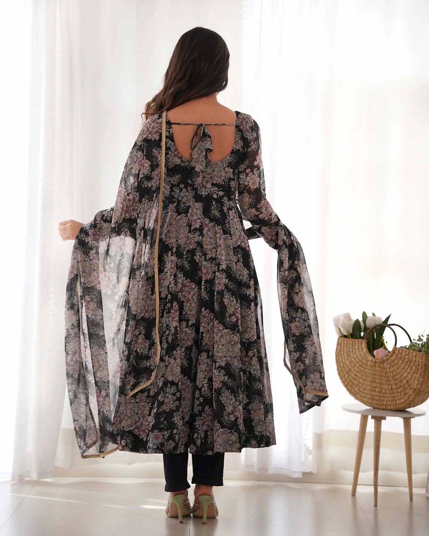Grey Black Georgette Multi Floral Print Anarkali Dress with Dupatta