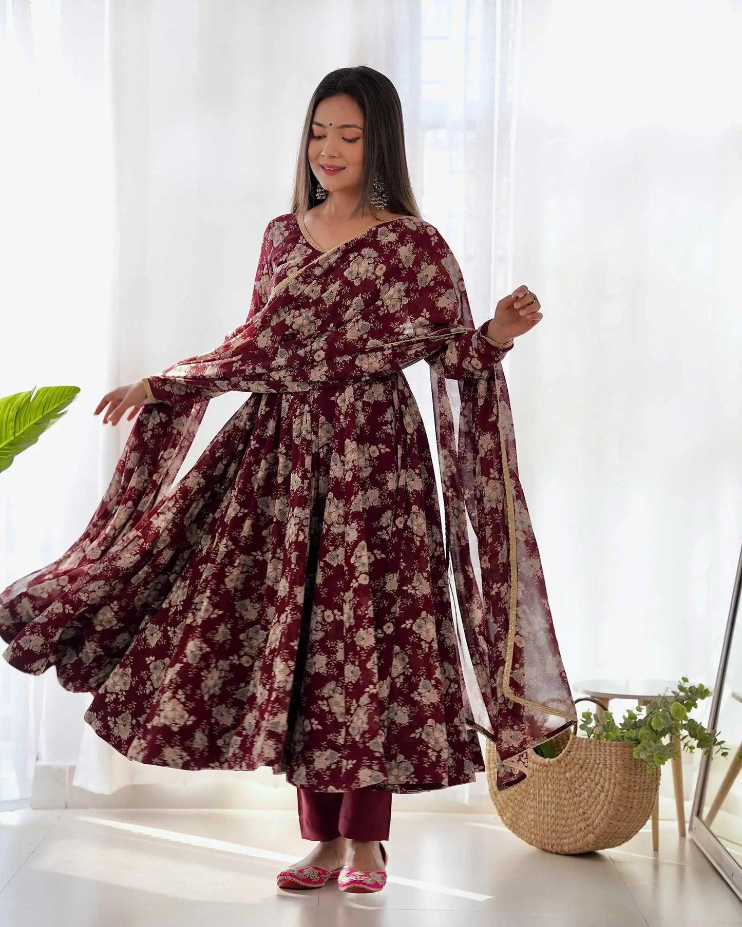 Dark burgundy georgette multi floral print Anarkali dress with dupatta