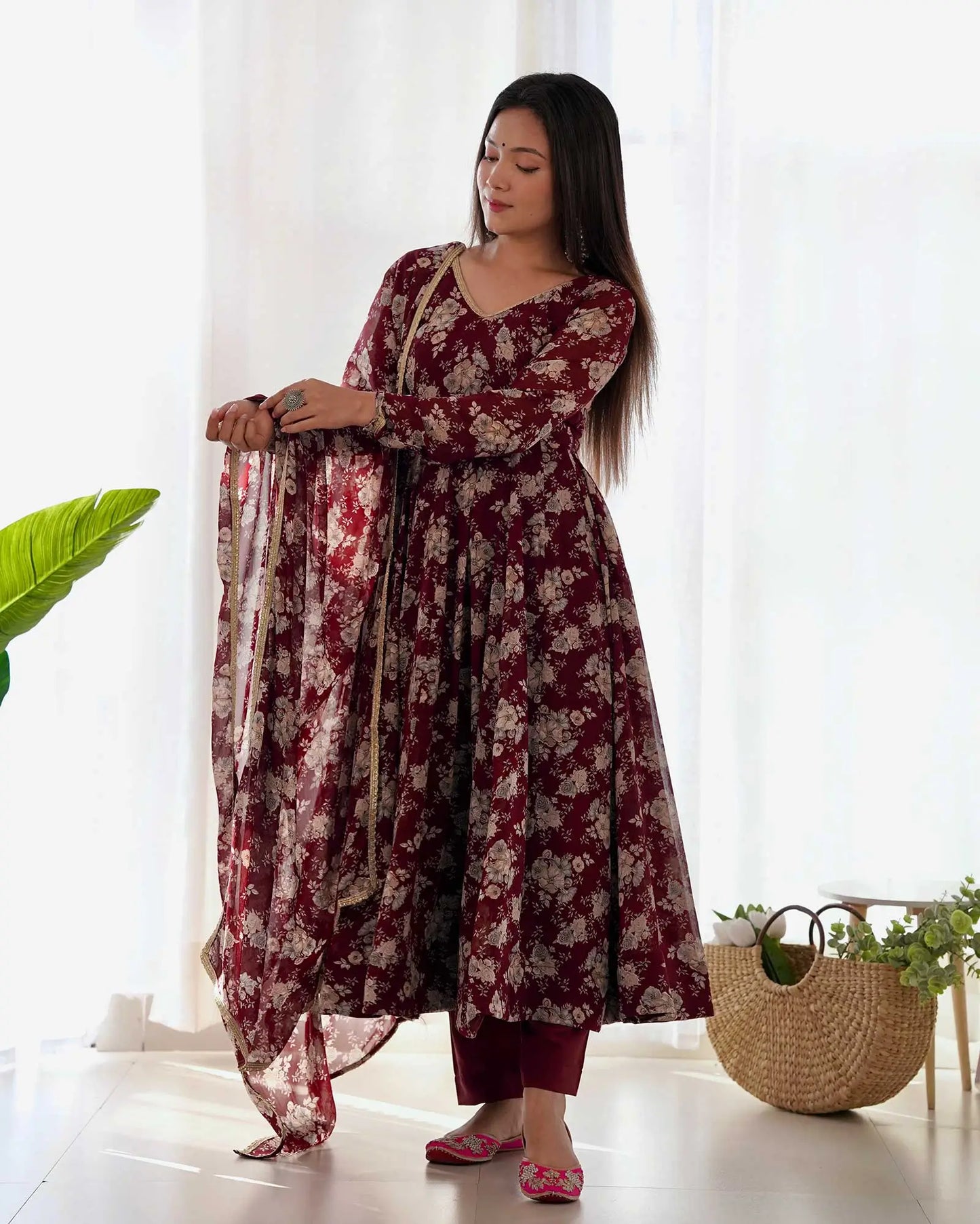 Dark burgundy georgette multi floral print Anarkali dress with dupatta