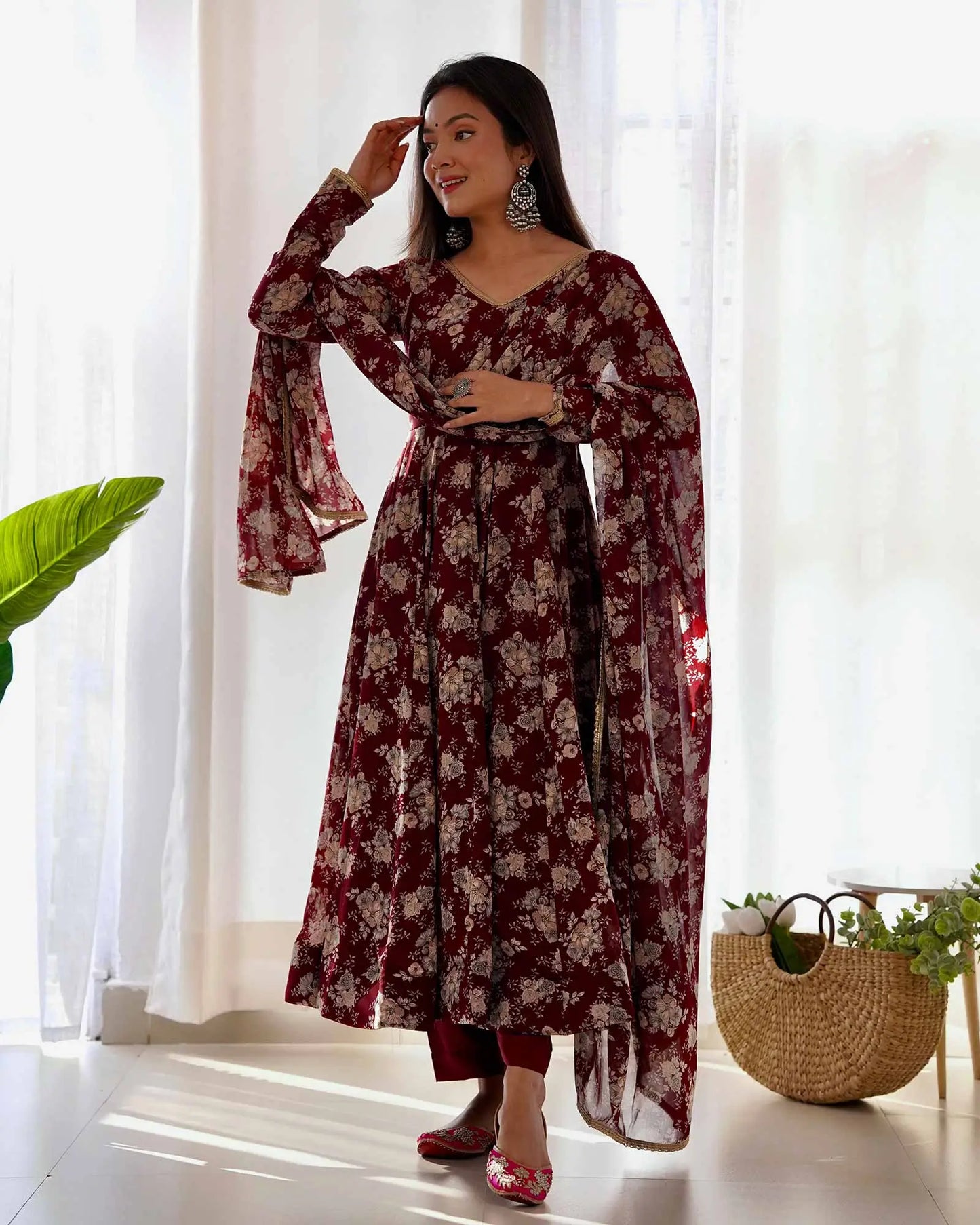 Dark burgundy georgette multi floral print Anarkali dress with dupatta