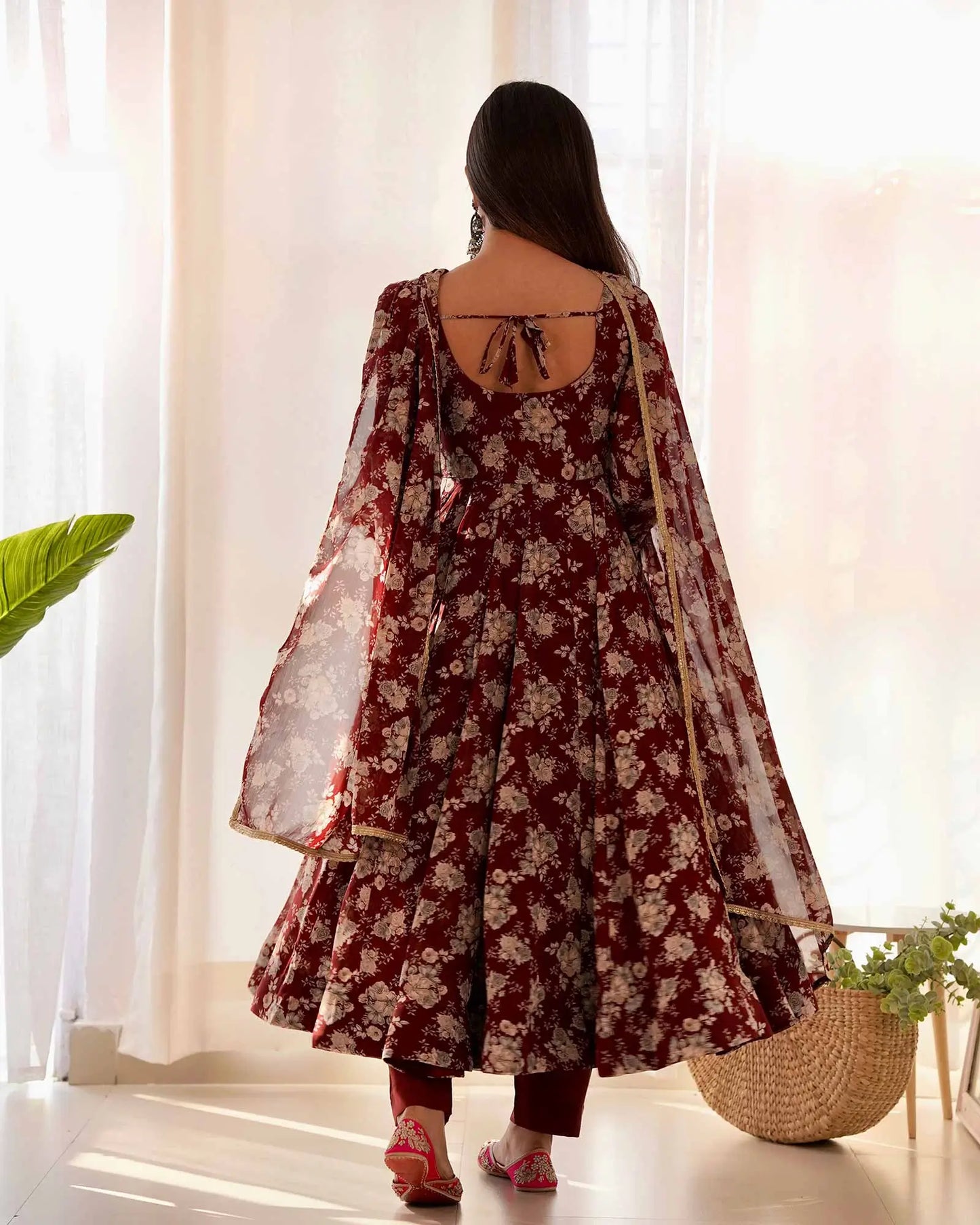 Dark burgundy georgette multi floral print Anarkali dress with dupatta