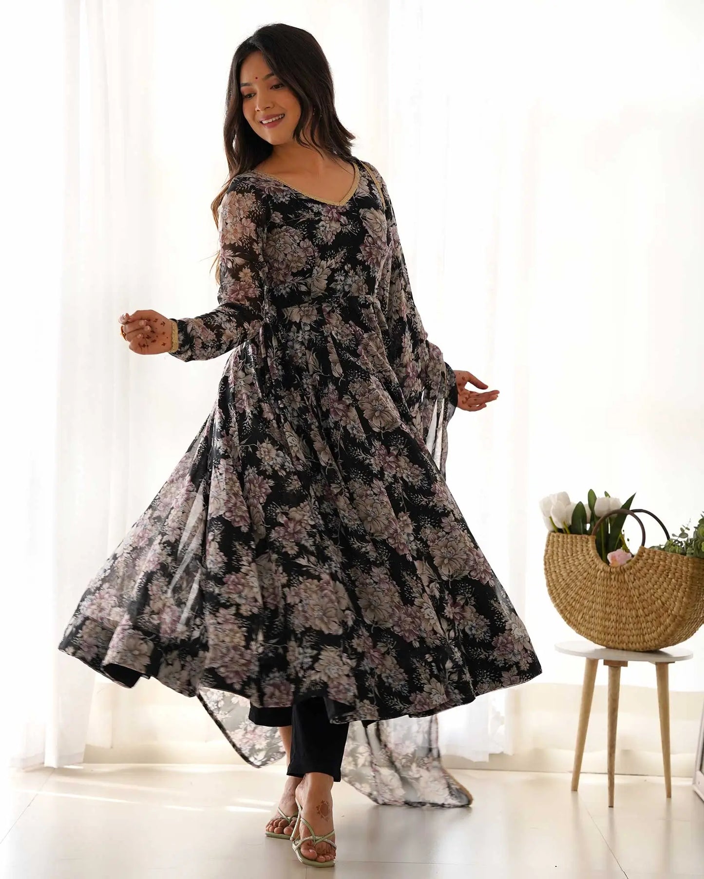 Grey Black Georgette Multi Floral Print Anarkali Dress with Dupatta