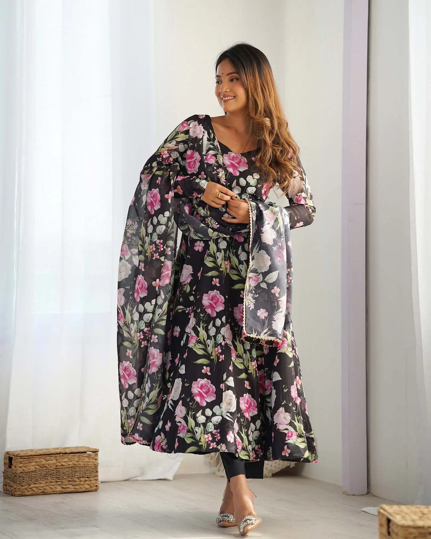 Black organza dress with floral print