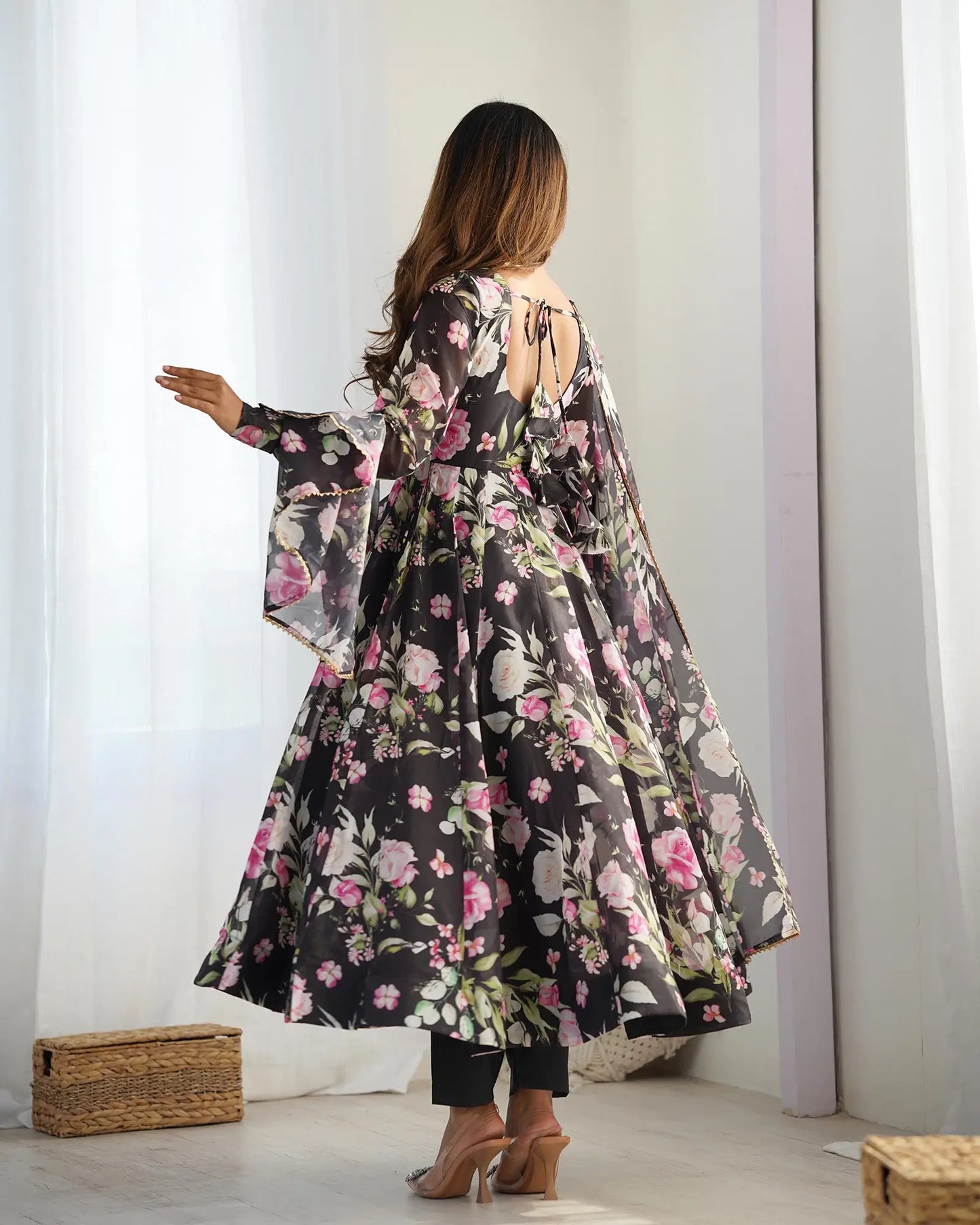 Black organza dress with floral print