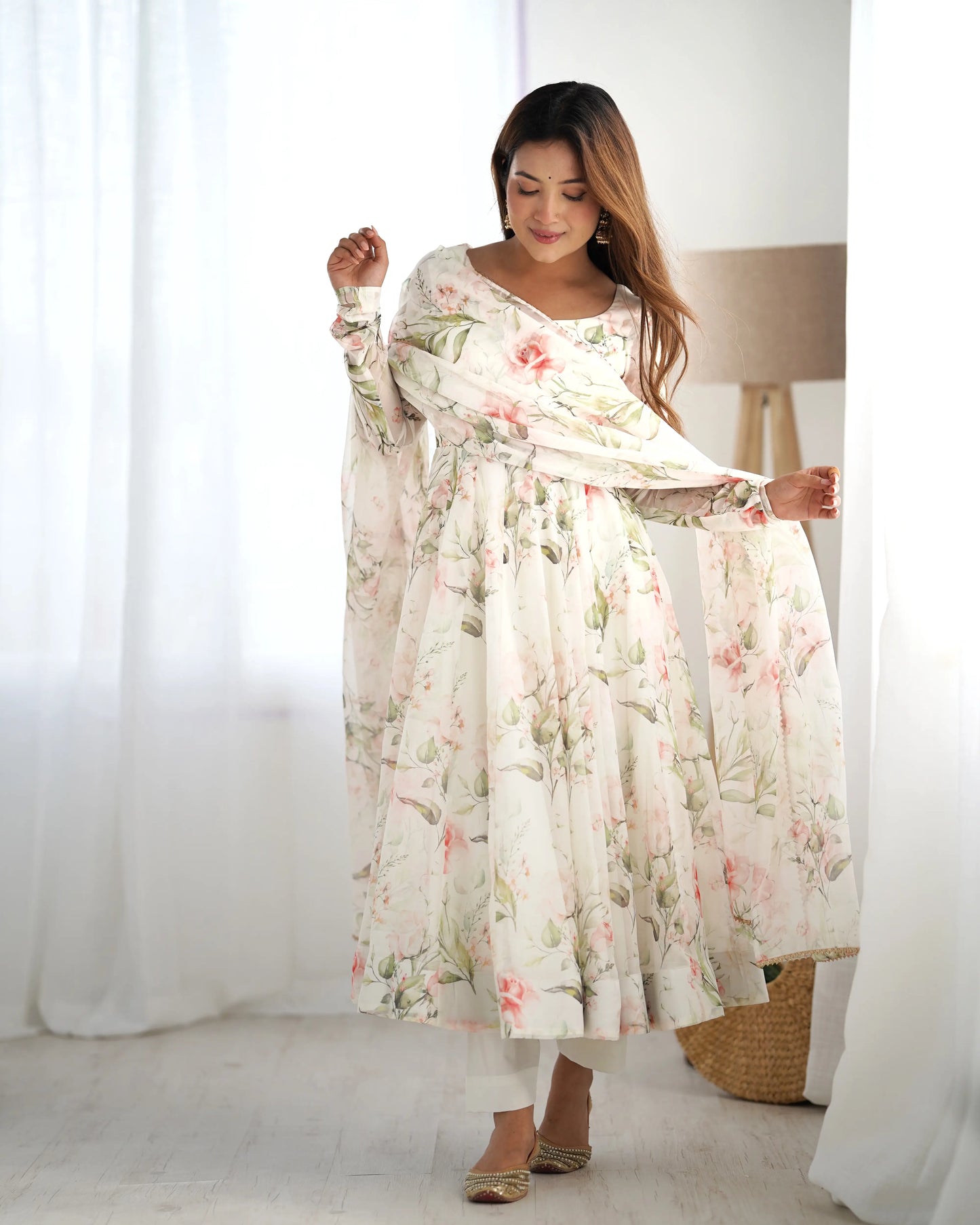 Off-white organza dress with floral print