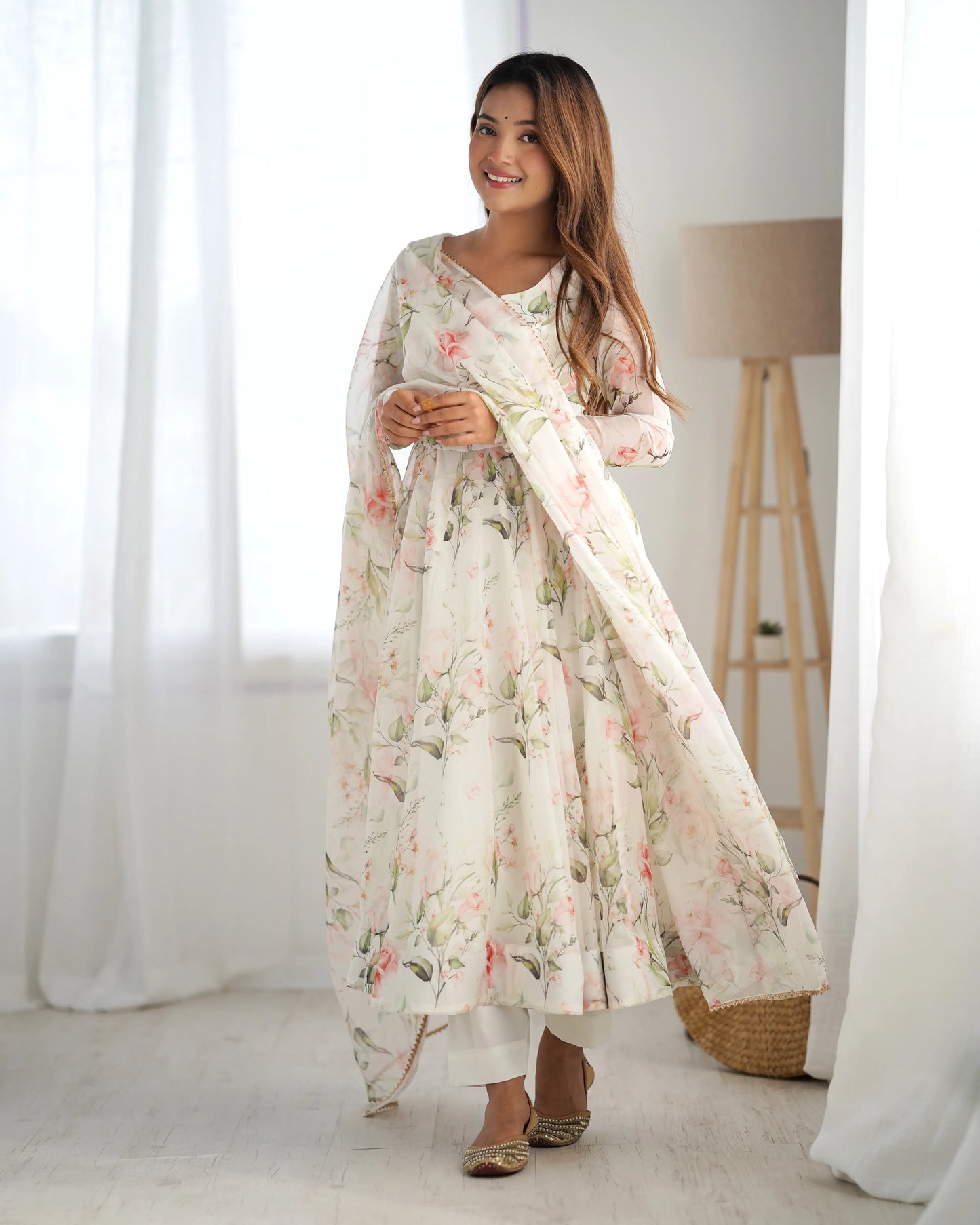 Off-white organza dress with floral print