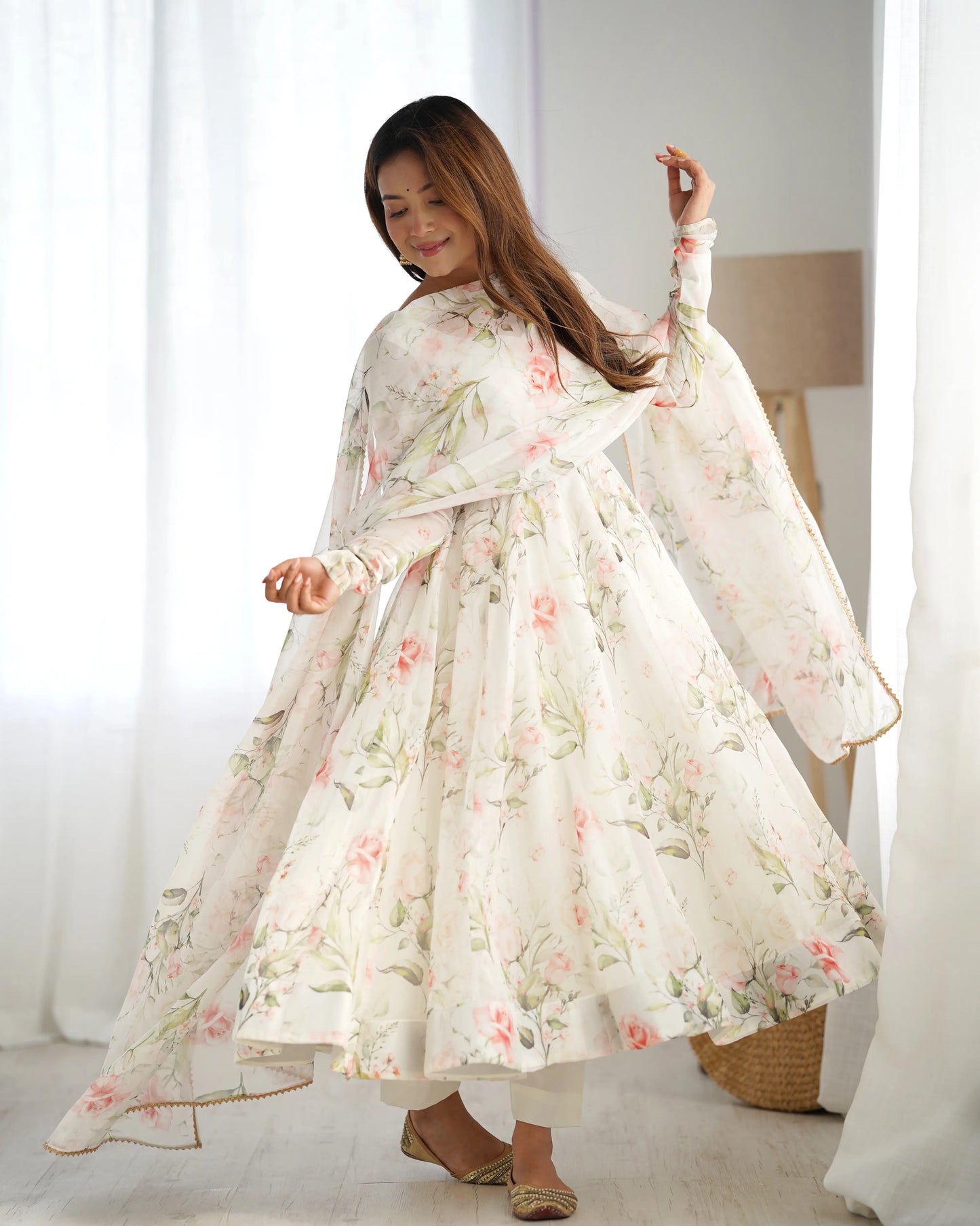 Off-white organza dress with floral print