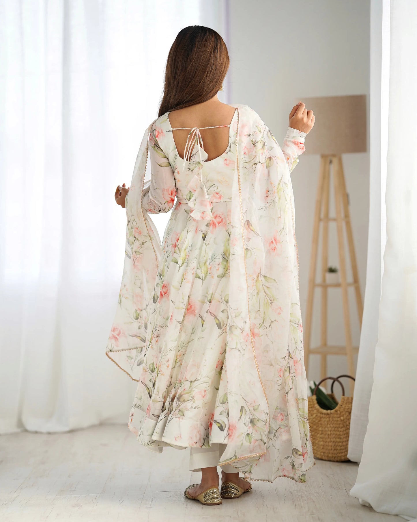 Off-white organza dress with floral print
