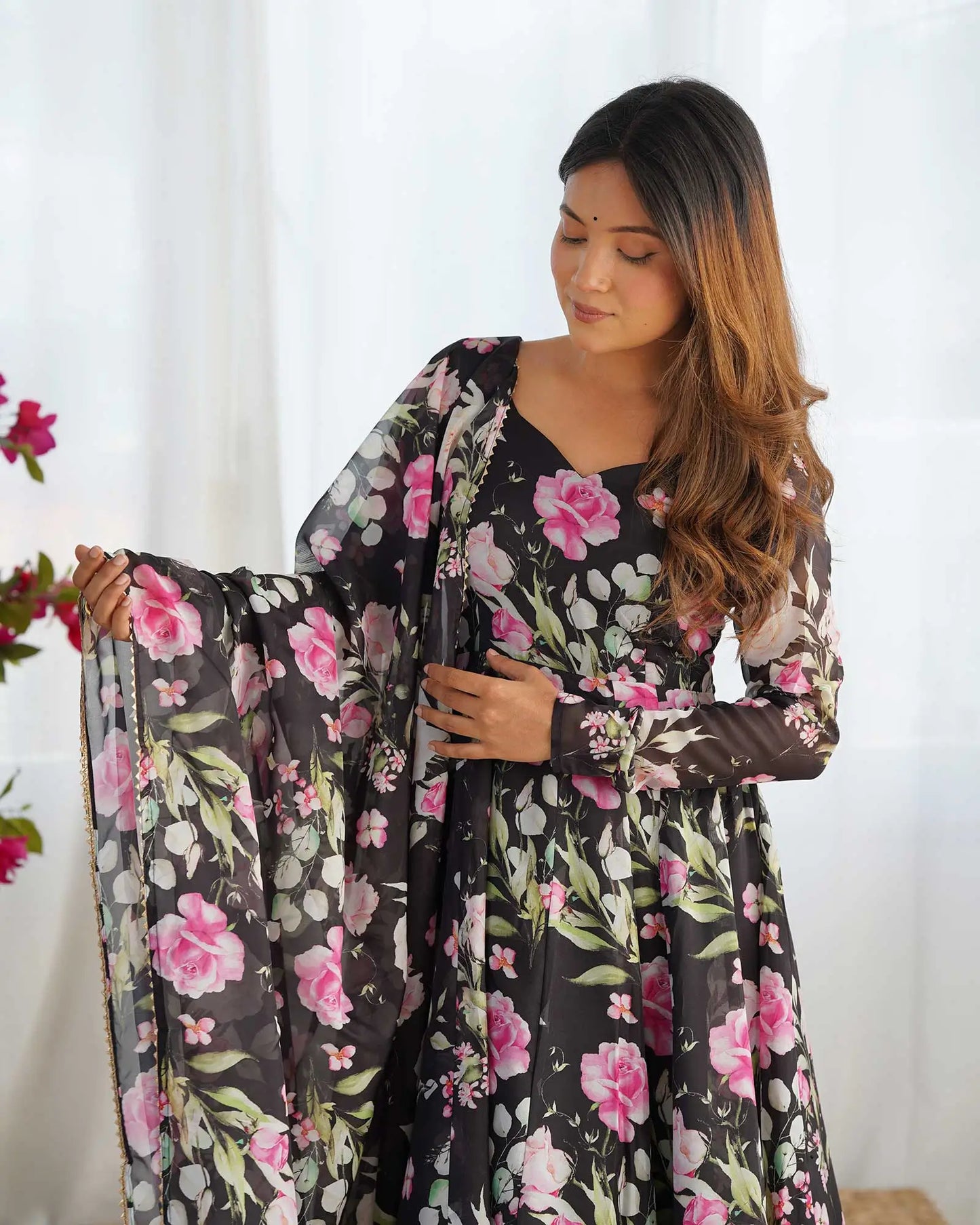 Black organza dress with floral print