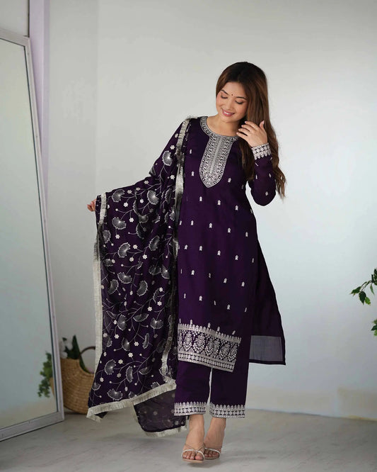 Salwar suit en soie Rangoli bordeaux avec broderie en sequins et dupatta chargé