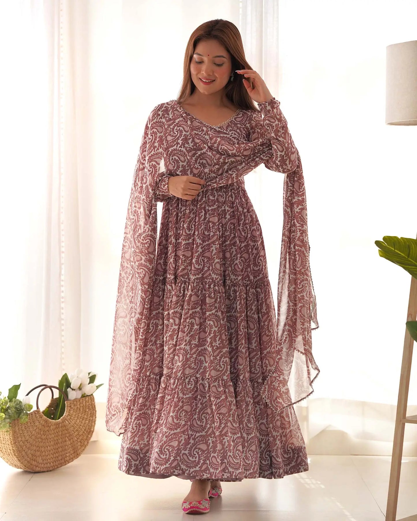 Dark purple georgette printed dress with dupatta