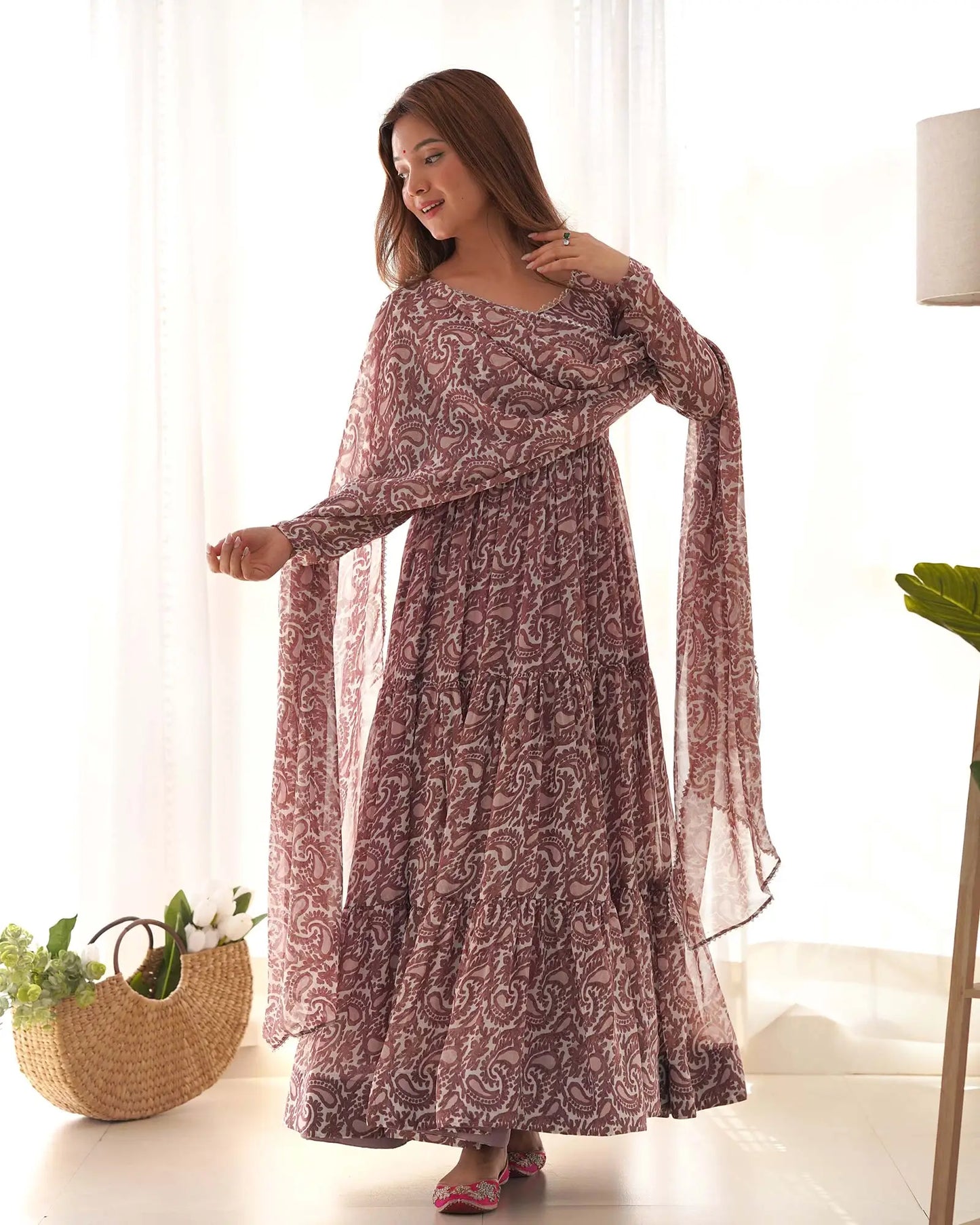 Dark purple georgette printed dress with dupatta
