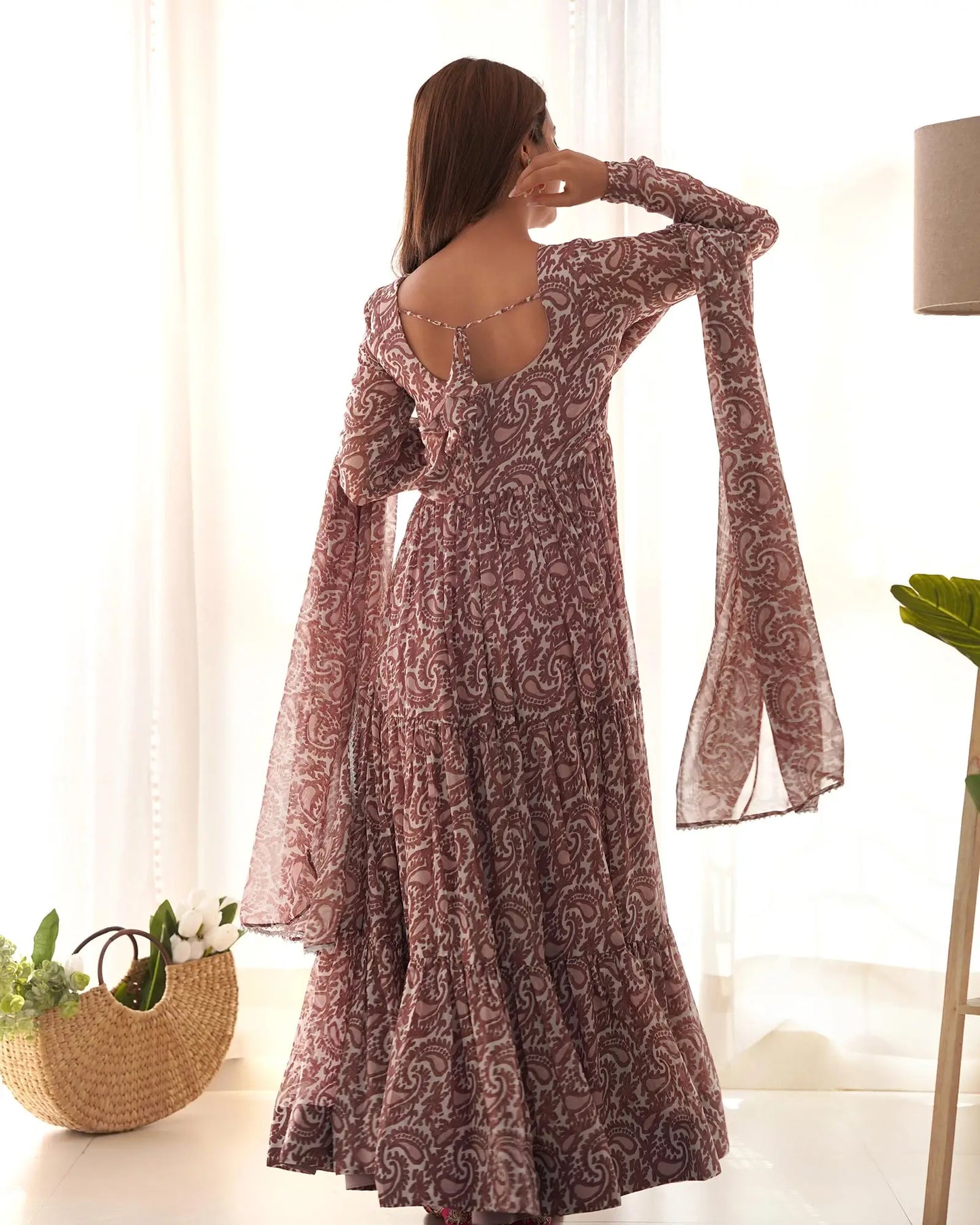 Dark purple georgette printed dress with dupatta