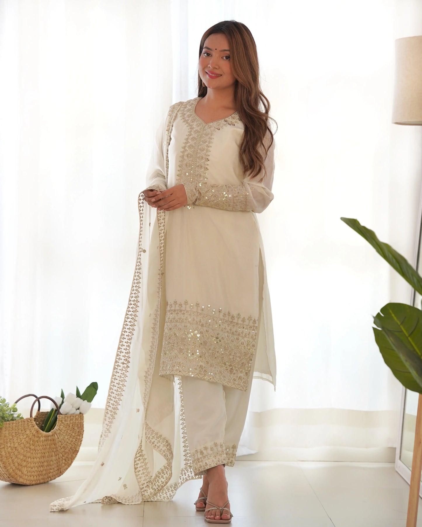 Gerades Salwar-Set aus ecru-weißer Chinon-Seide mit Paillettenstickerei