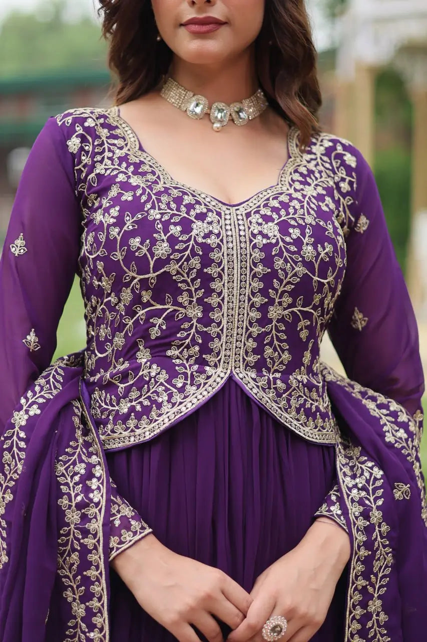 Dark purple georgette dress with zari embroidery and multiple sequins, accompanied by a dupatta