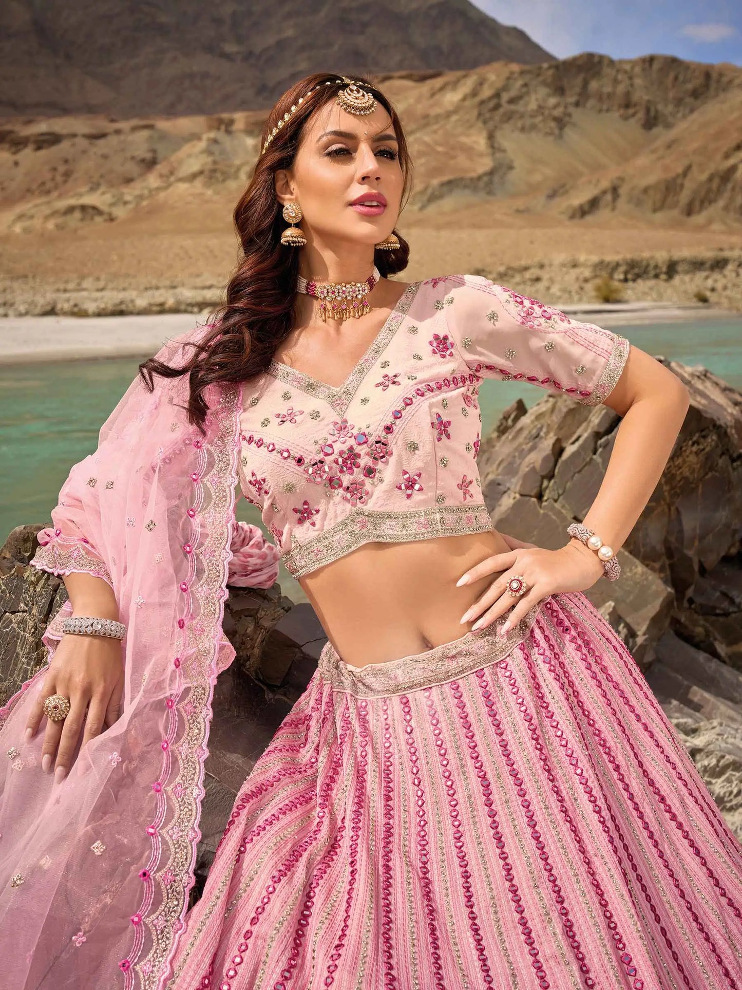 Eleganter babyrosa Braut-Lehenga mit Spiegeln und Zarkan-Stickerei