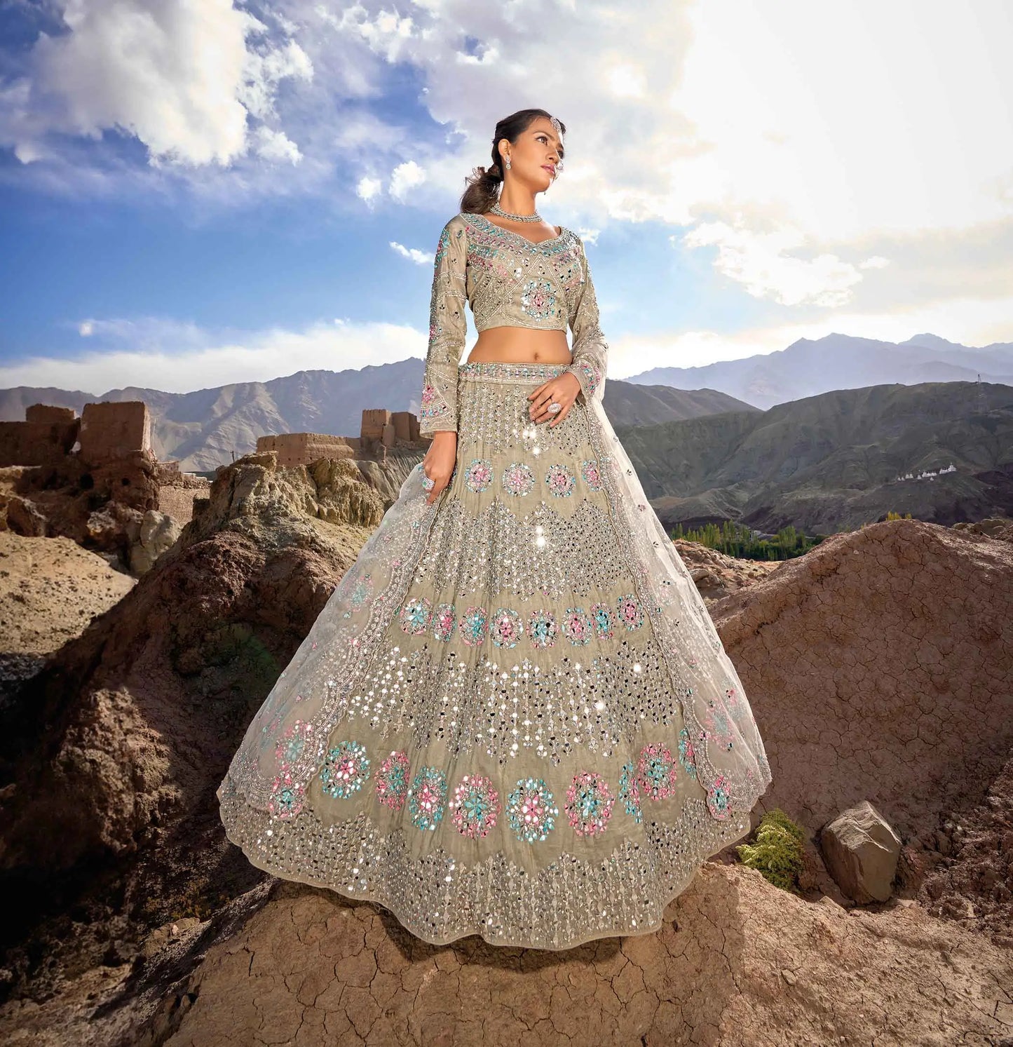 Dunkelbeiger Braut-Lehenga mit rosa und blauen Details, elegant mit Stickereien, Spiegeln und Zarkan-Arbeit