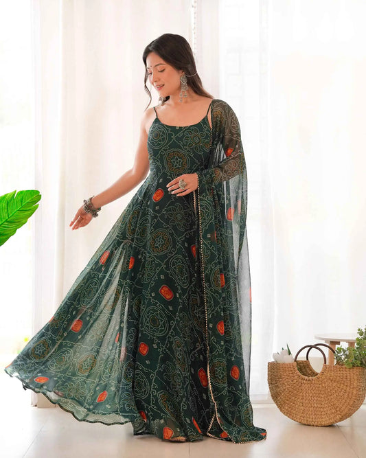 Robe légère en chiffon doux vert bleu-vert à imprimé Bandhej avec dupatta – Élégance traditionnelle et confort moderne