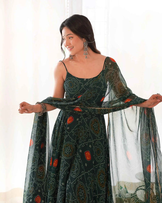 Robe légère en chiffon doux vert bleu-vert à imprimé Bandhej avec dupatta – Élégance traditionnelle et confort moderne