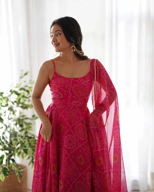 Robe légère en chiffon doux rose foncé à imprimé Bandhej avec dupatta – Élégance traditionnelle et confort moderne