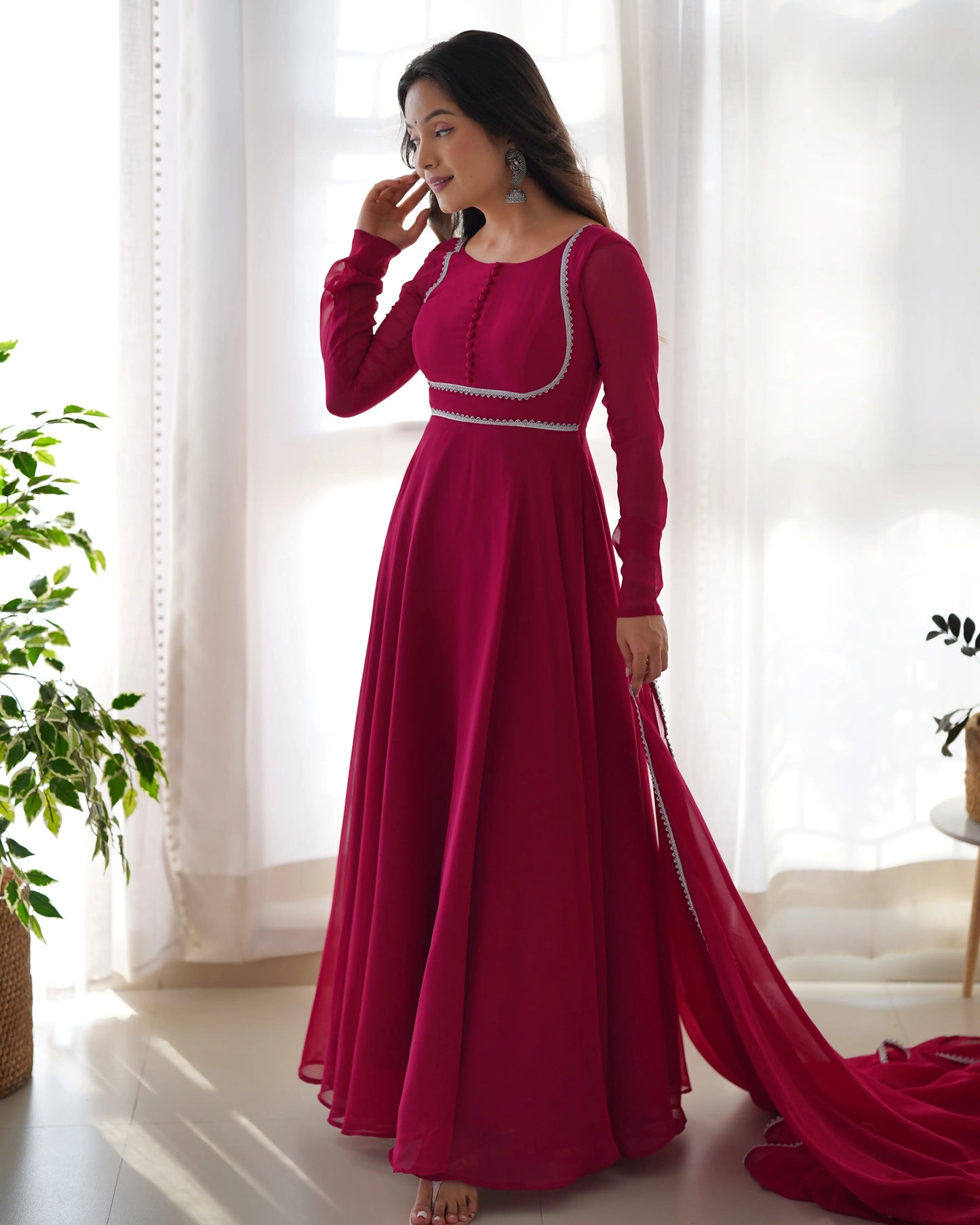 Fuchsia Pink Georgette Designer Dress with Matching Dupatta