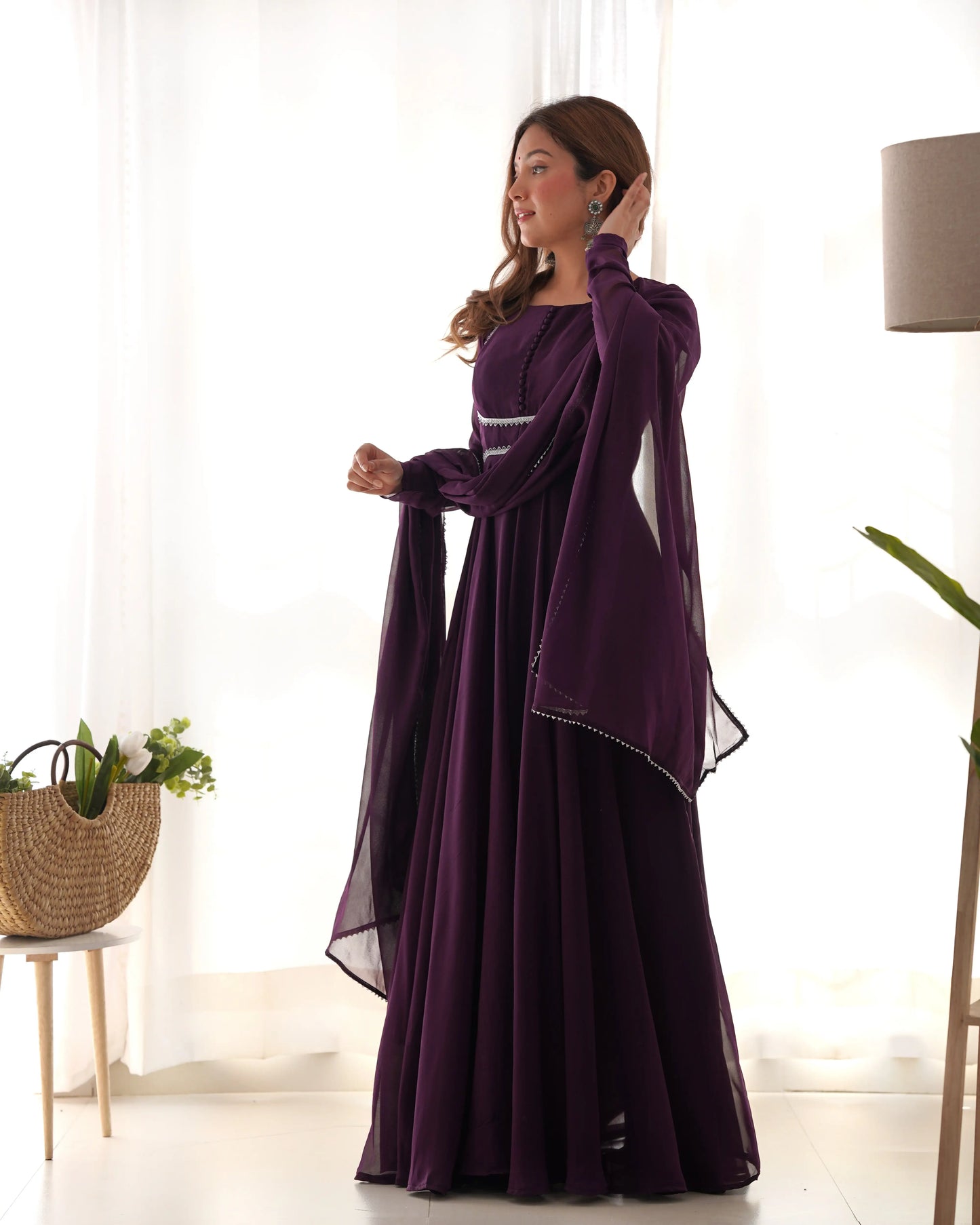 Designer dress in grape wine color georgette with matching dupatta