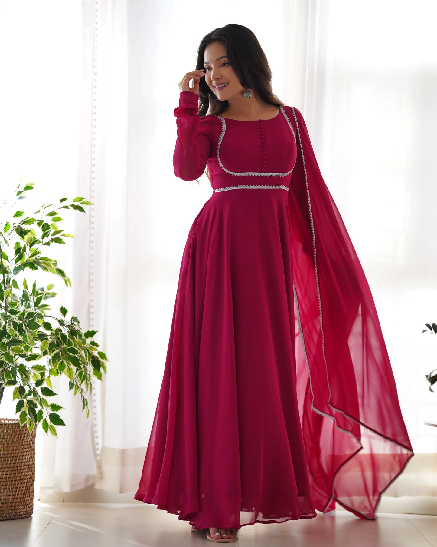 Fuchsia Pink Georgette Designer Dress with Matching Dupatta