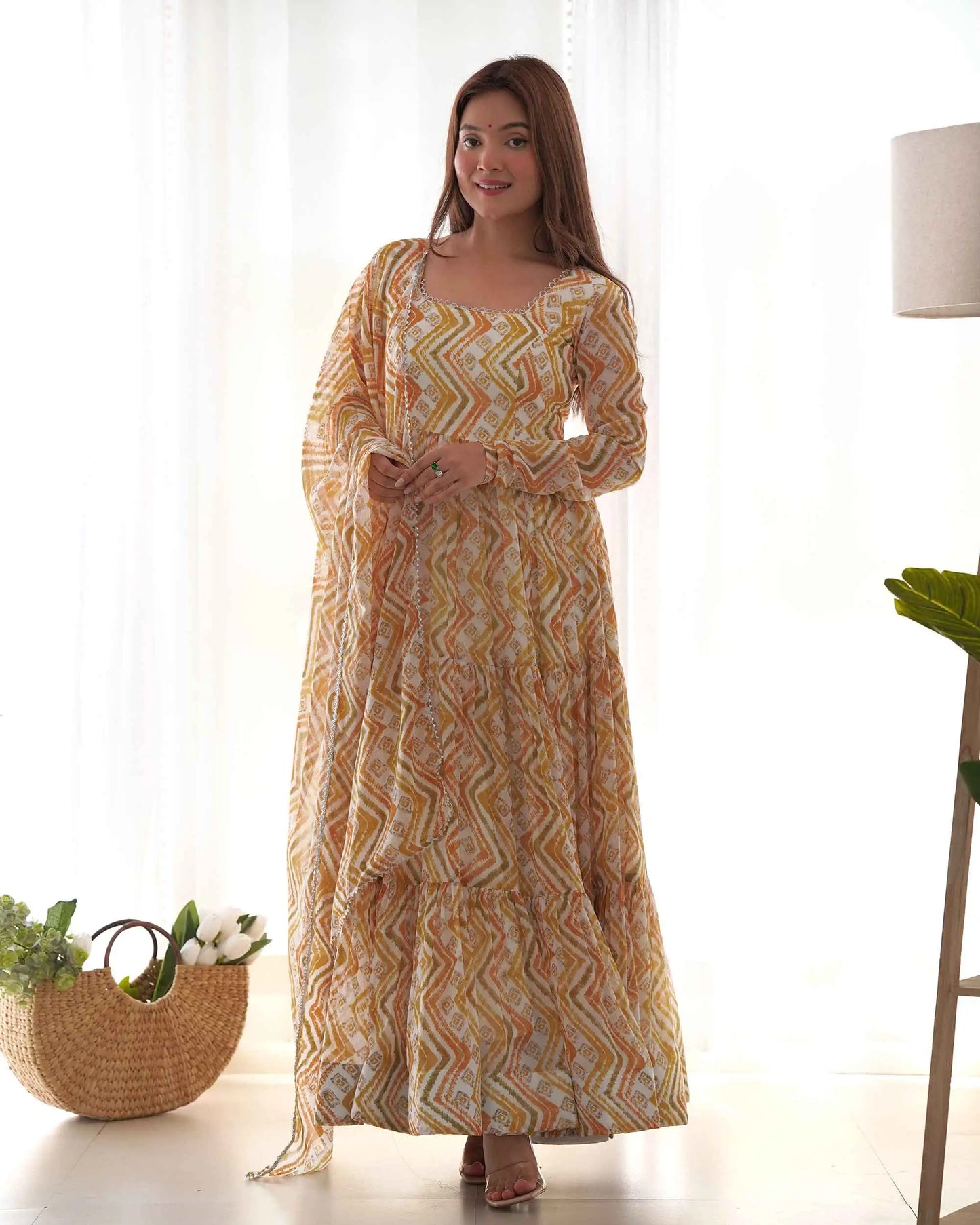 Brownish Yellow Georgette Three Layer Gown Dress with Zigzag Print and Dupatta