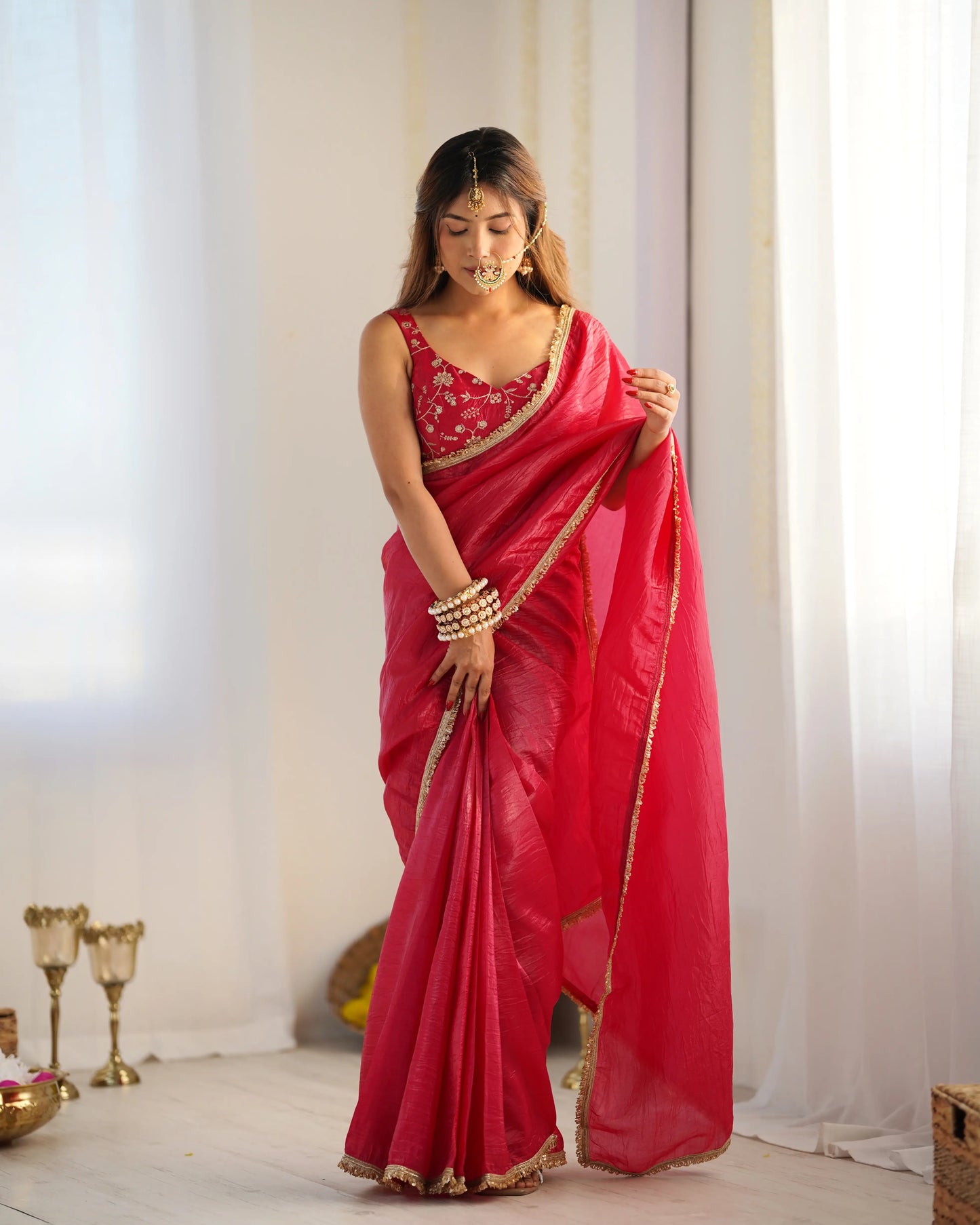 Gebrauchsfertiger Sari aus Goldstoff Crush Fuchsia Pink