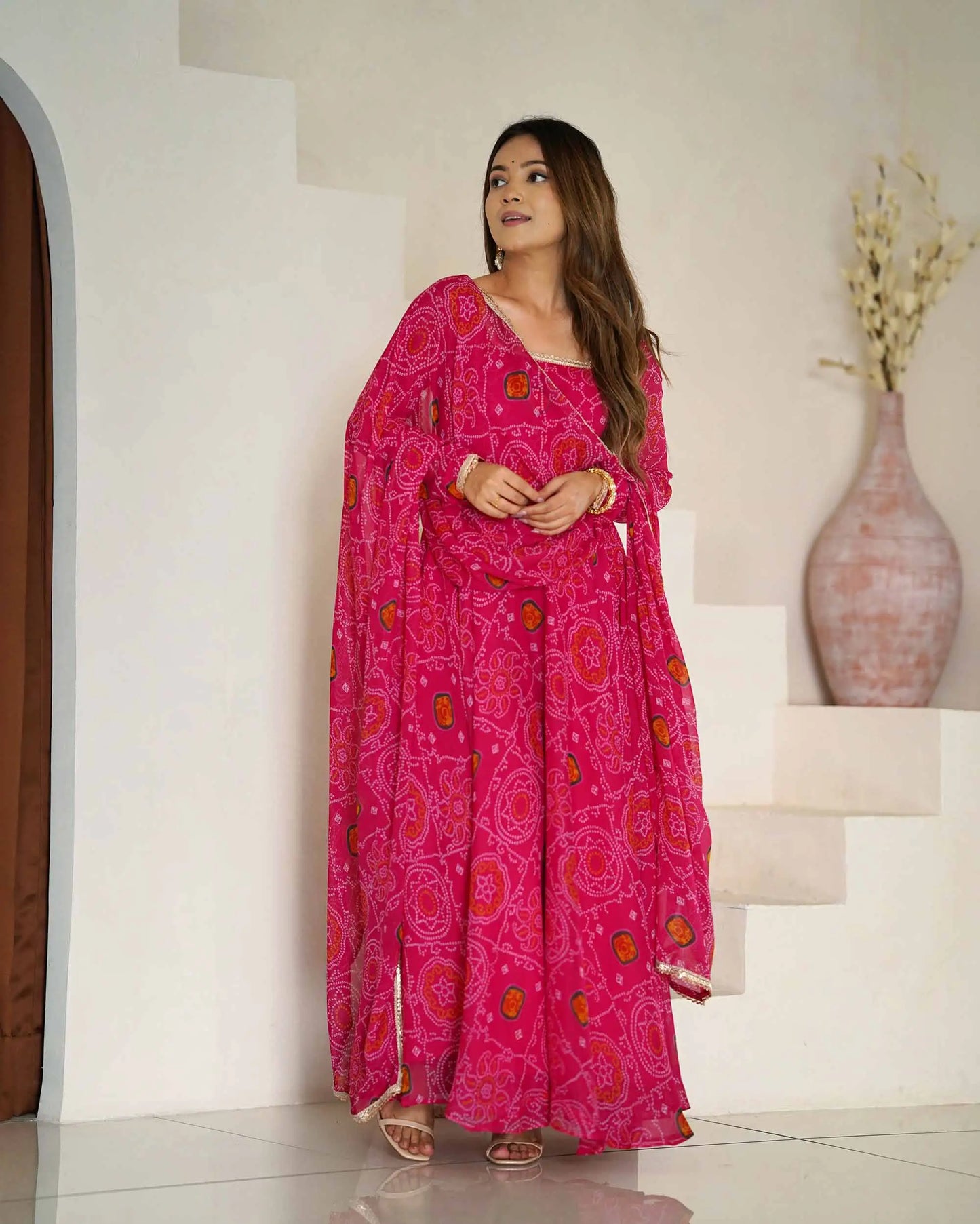 Pink lightweight chiffon dress with Bandhej print and matching dupatta