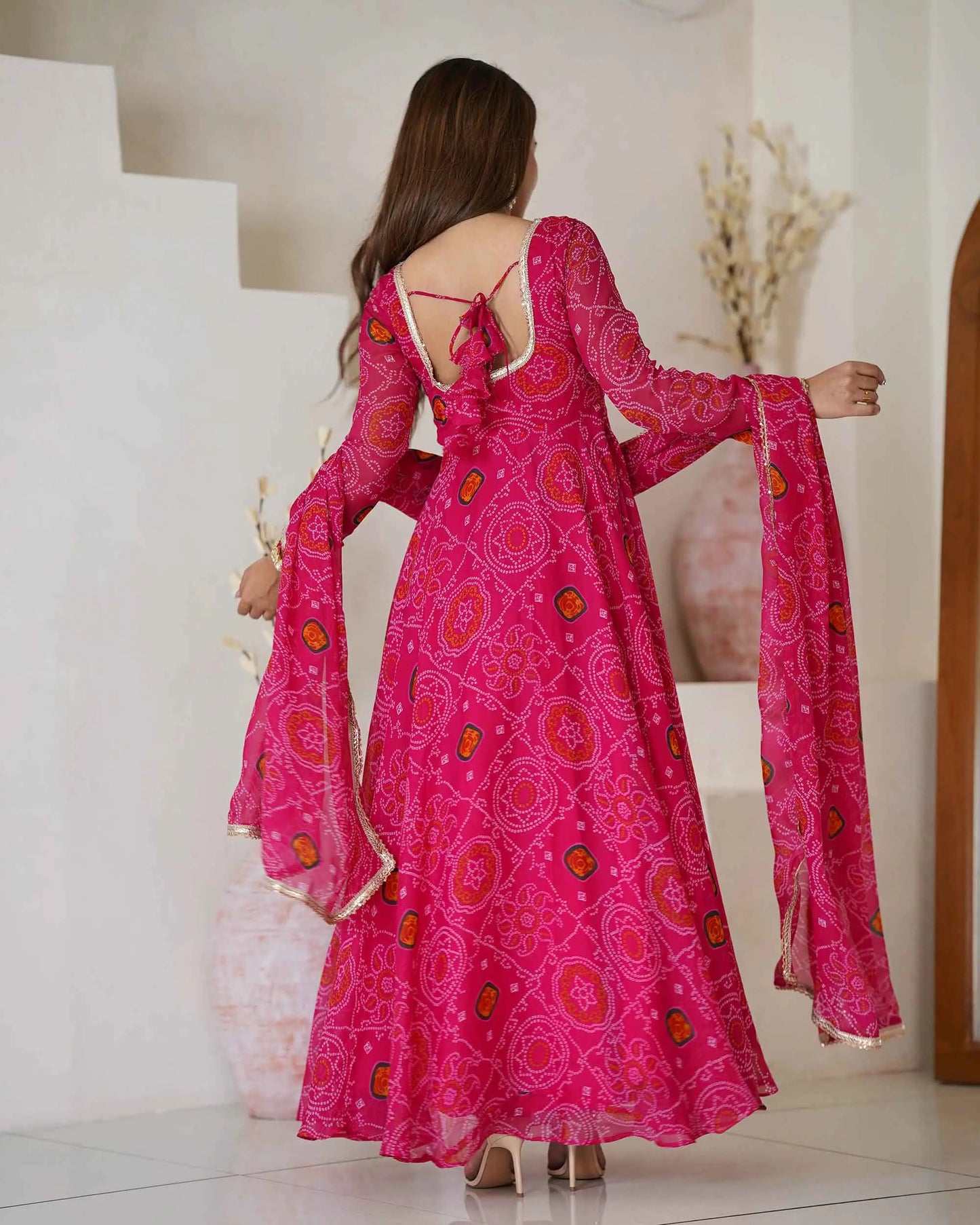 Pink lightweight chiffon dress with Bandhej print and matching dupatta