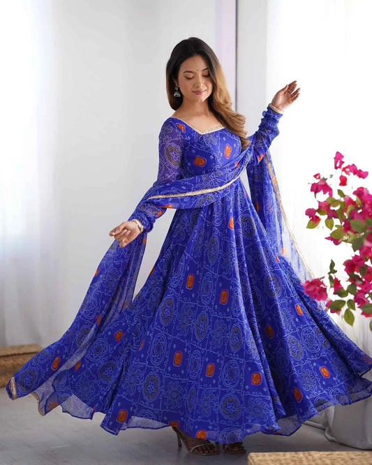 Robe bleu roi en chiffon doux et léger avec imprimé Bandhej, accompagnée d’un dupatta assorti