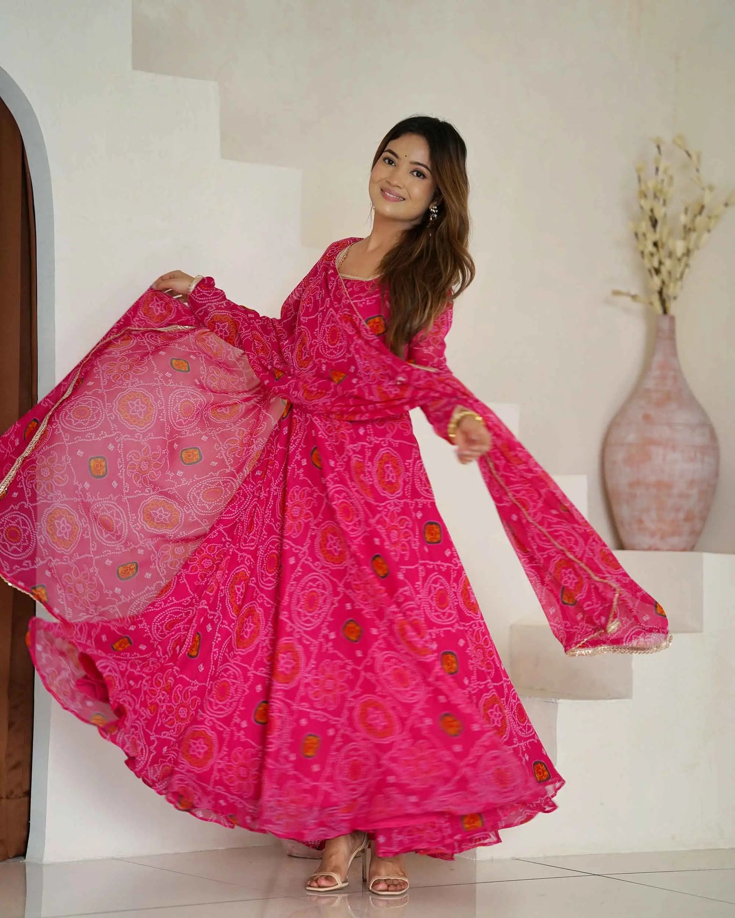 Pink lightweight chiffon dress with Bandhej print and matching dupatta