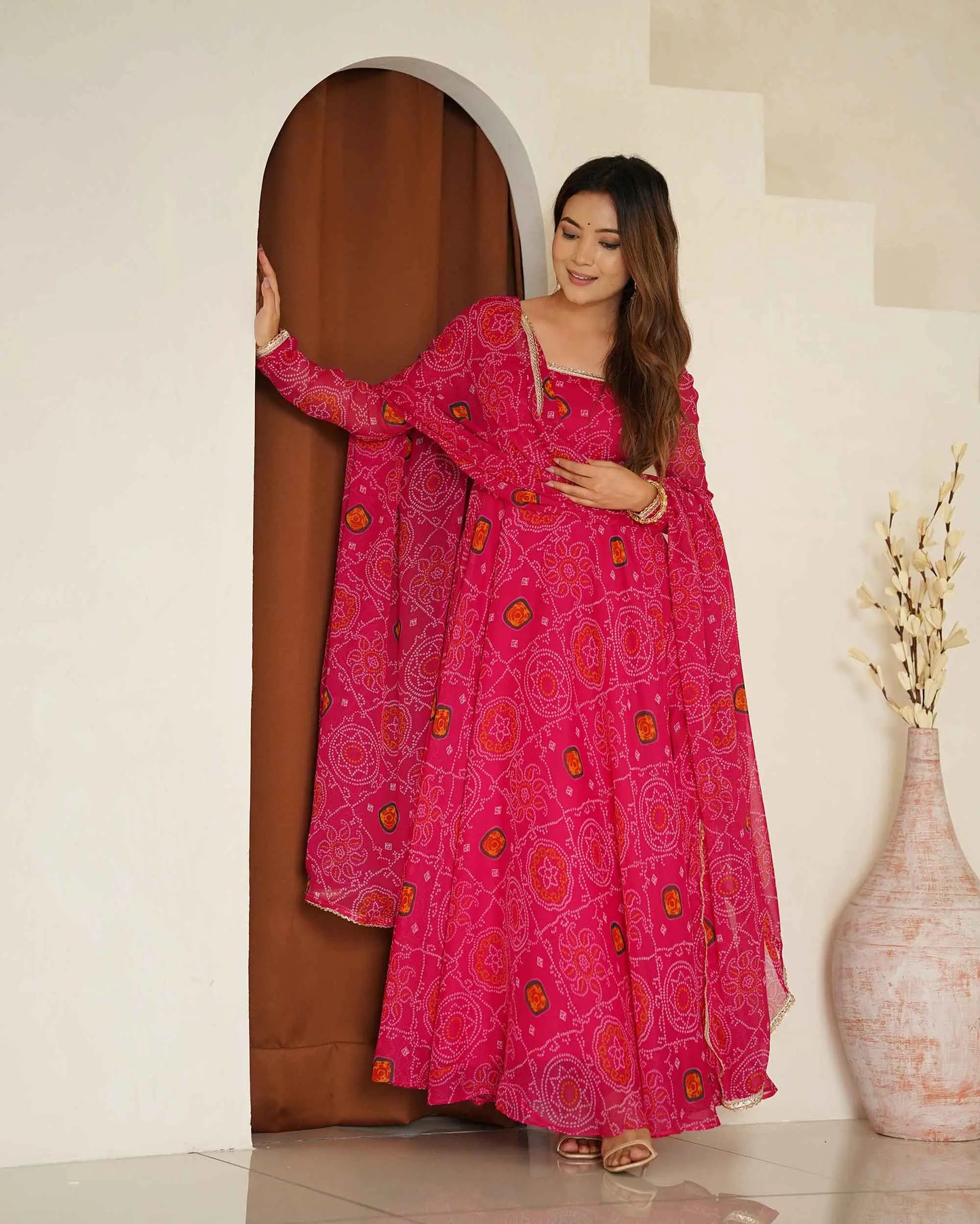 Pink lightweight chiffon dress with Bandhej print and matching dupatta