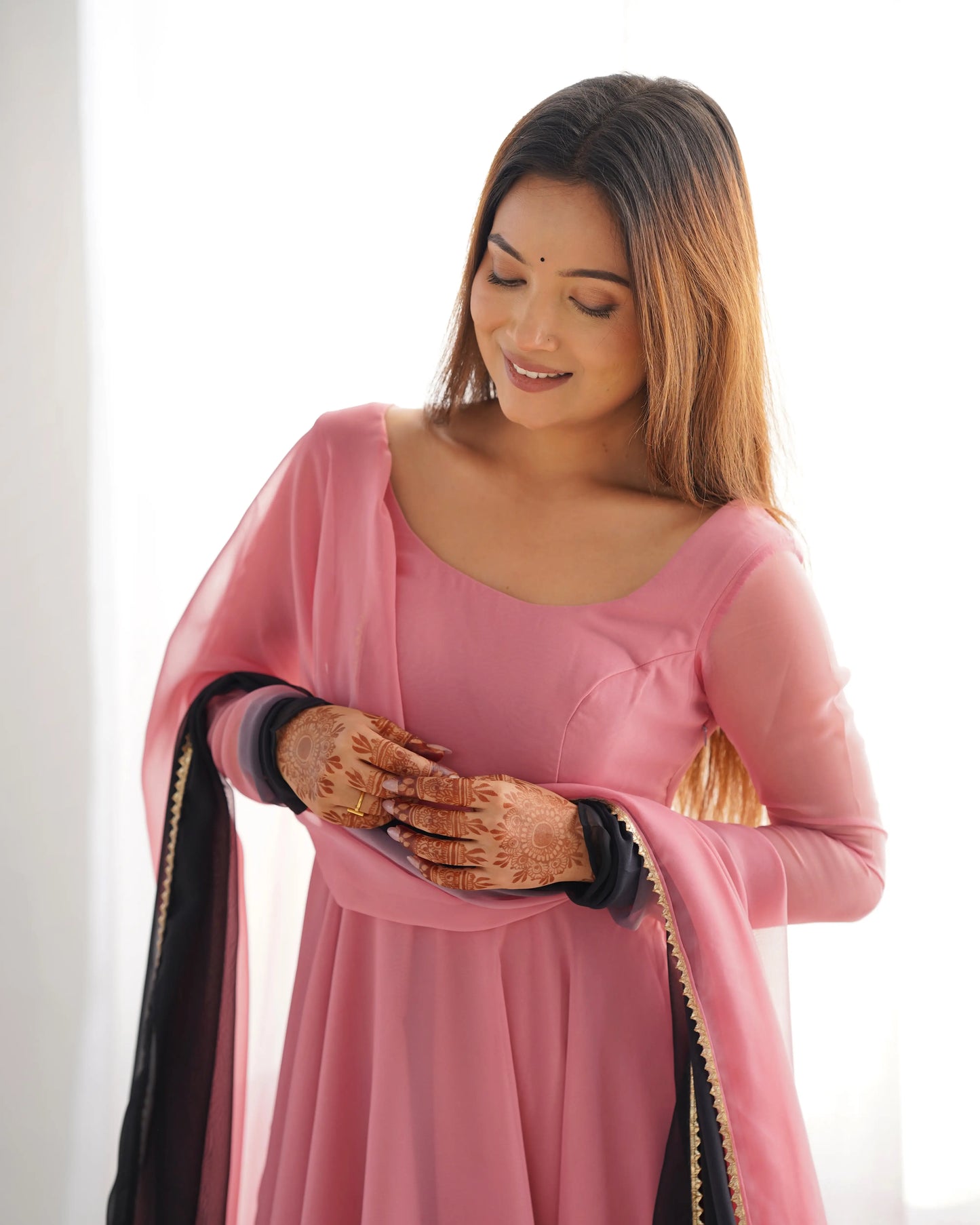 Powder Pink Georgette Long Dress with Multicolor Inserts and Dupatta